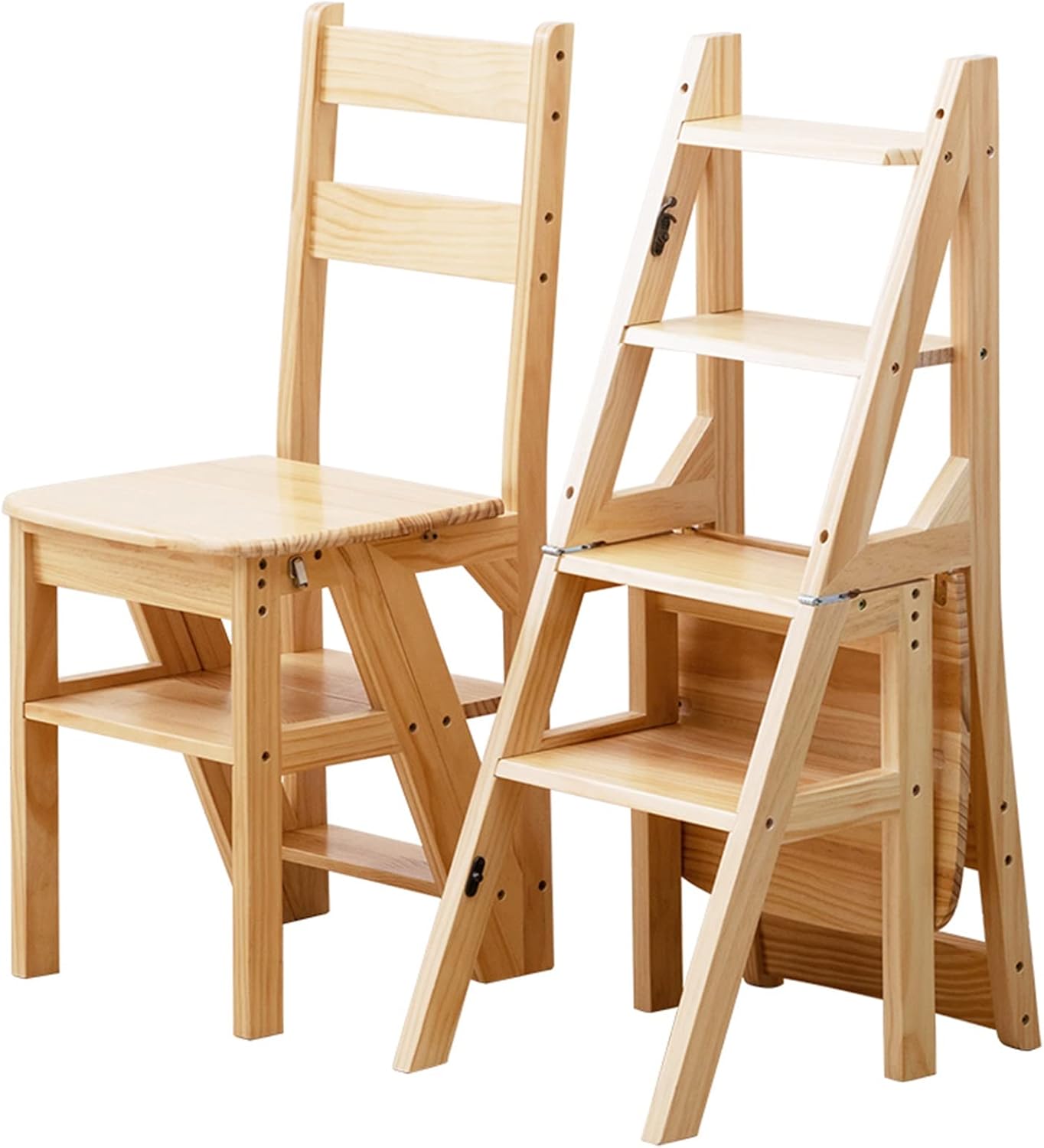 Earnmore Solid Wood Folding Library Ladder Chair Step Ladders Step Chair Foldable 4-Step Stool Dual Purpose Stepladders 4-Step Climb Step Display Stand Flower Stand (Color : Wood, Size : 46x35x90CM)