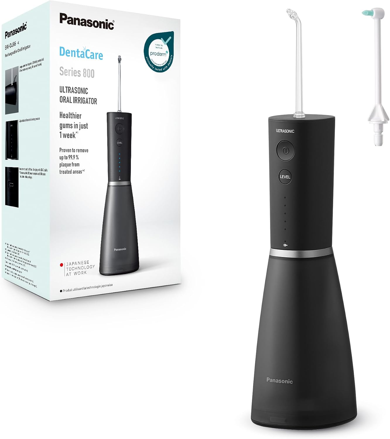 Panasonic Series 800 Water Flosser for Teeth, Cordless EW-DJ86-K511, 99.9% Plaque Remover, USB-C Charging, Ultrasonic, Orthodontic Nozzle, 5 Pressure Settings, Oral Irrigator for Home & Travel, Black