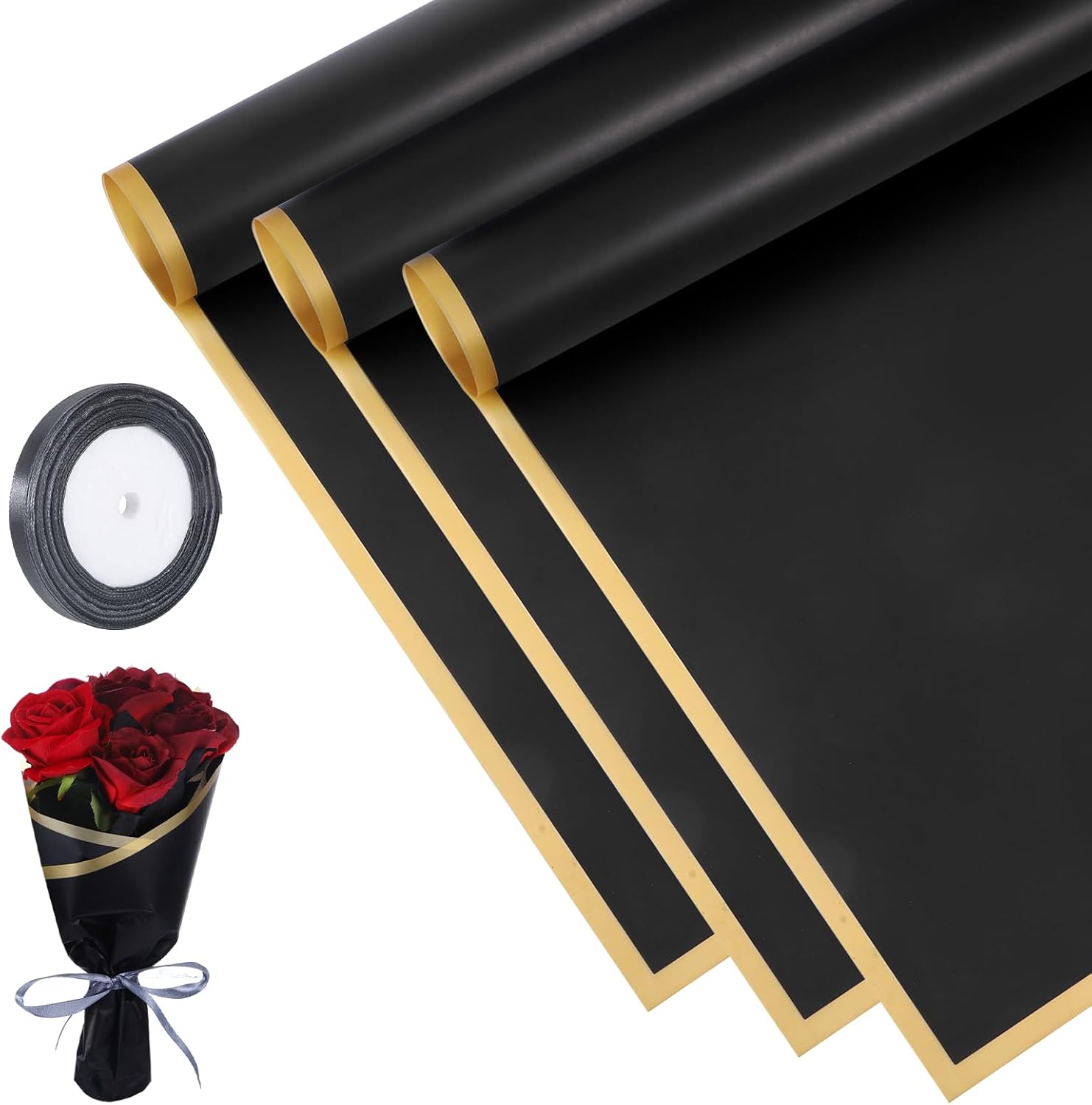 20 Sheet Flower Black Wrapping Paper Sheets, Waterproof Bouquet Black Paper 58 * 58 Cm Flower Wrapping Paper Ribbon for Diy Birthday Gift Mother's Day Party Valentine Gift Wedding Father's Day