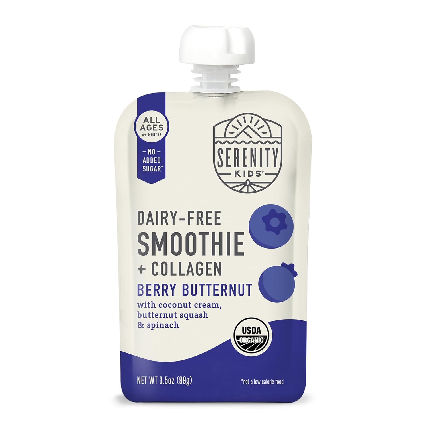 Serenity Kids Baby Food Smoothie Pouch - Collagen Boost Toddler Snacks - Dairy-Free Protein Smoothie - On-the-Go Organic Fiber Snacks - 3.5 Fl Oz, Pack of 1, Berry Butternut