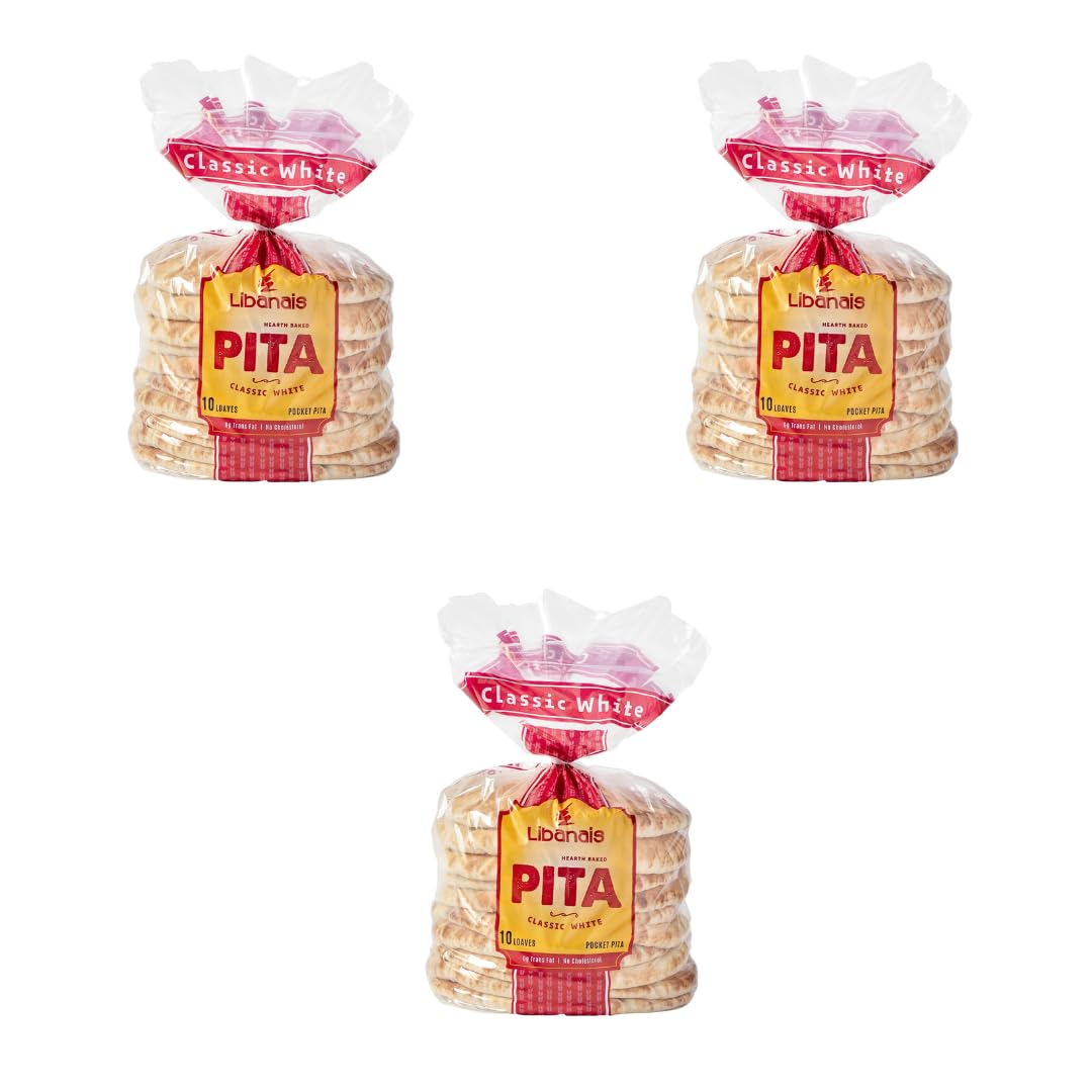 Libanais 6" Classic White Traditional Pocket Pita Bread, Vegan, Kosher, Halal, 3 Pack, 10 loaves per pack (30 Pitas). Freshly Baked Daily!