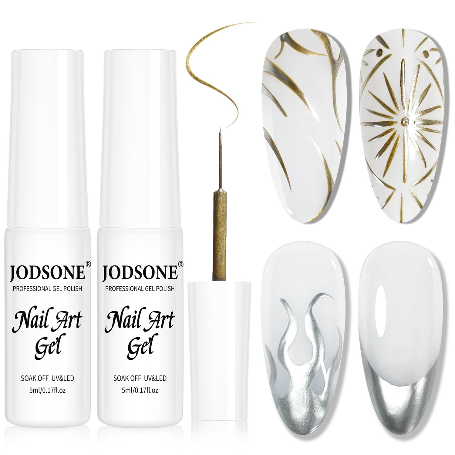 JODSONE 2pcs Metallic Nail Art Gel Liner Gold Mirror Chrome and Silvery 3D Effect Gel Nail Polish Thin Brush Metal Painted DIY at Home Salon Quality Gift for Women