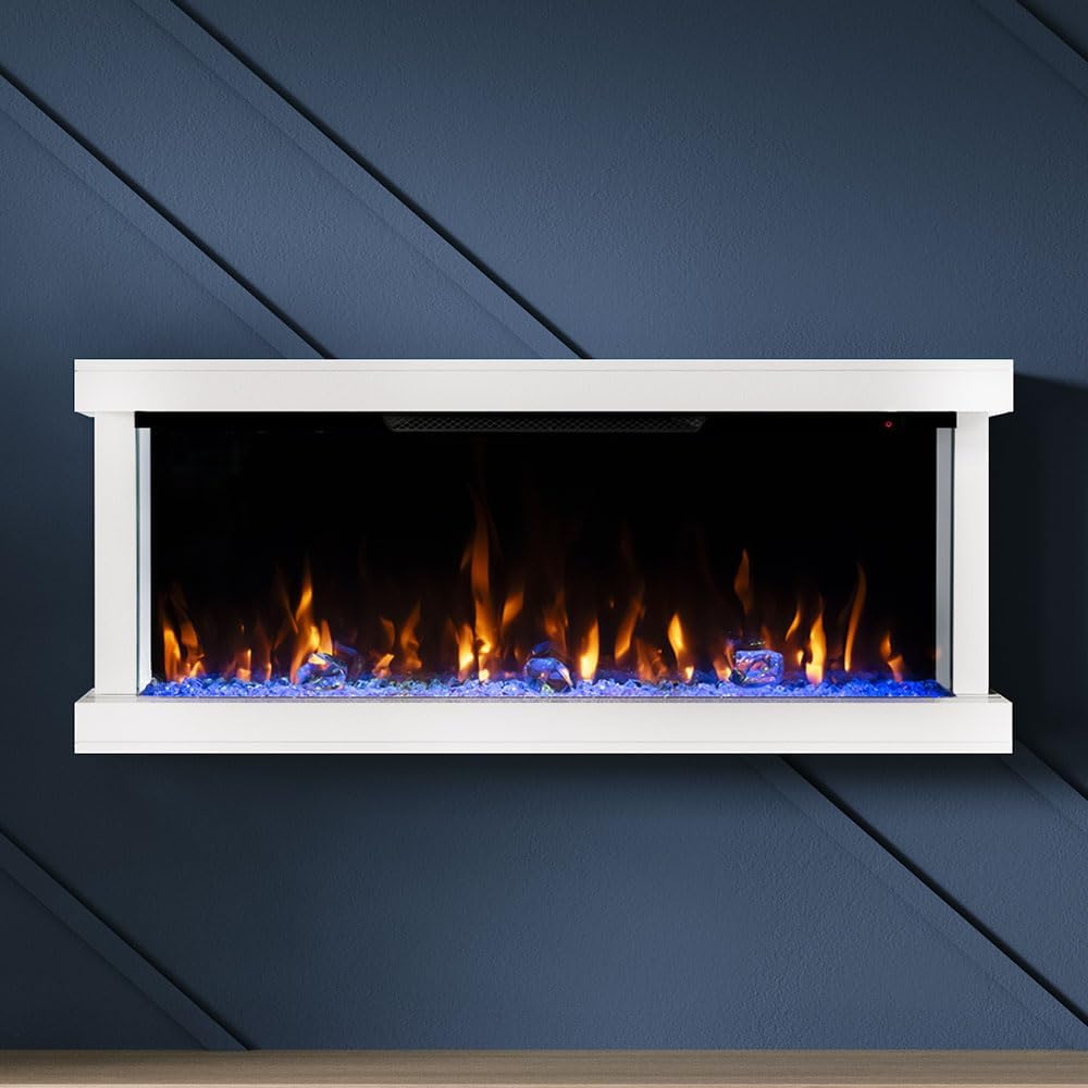 Modern Ember Skyline 50 Inch White Floating Mantel Surround with 42" 3D Smart Electric Fireplace - 1,000+ Flame & Ember Bed Color Combinations | Alexa/WiFi Enabled - Remote Included