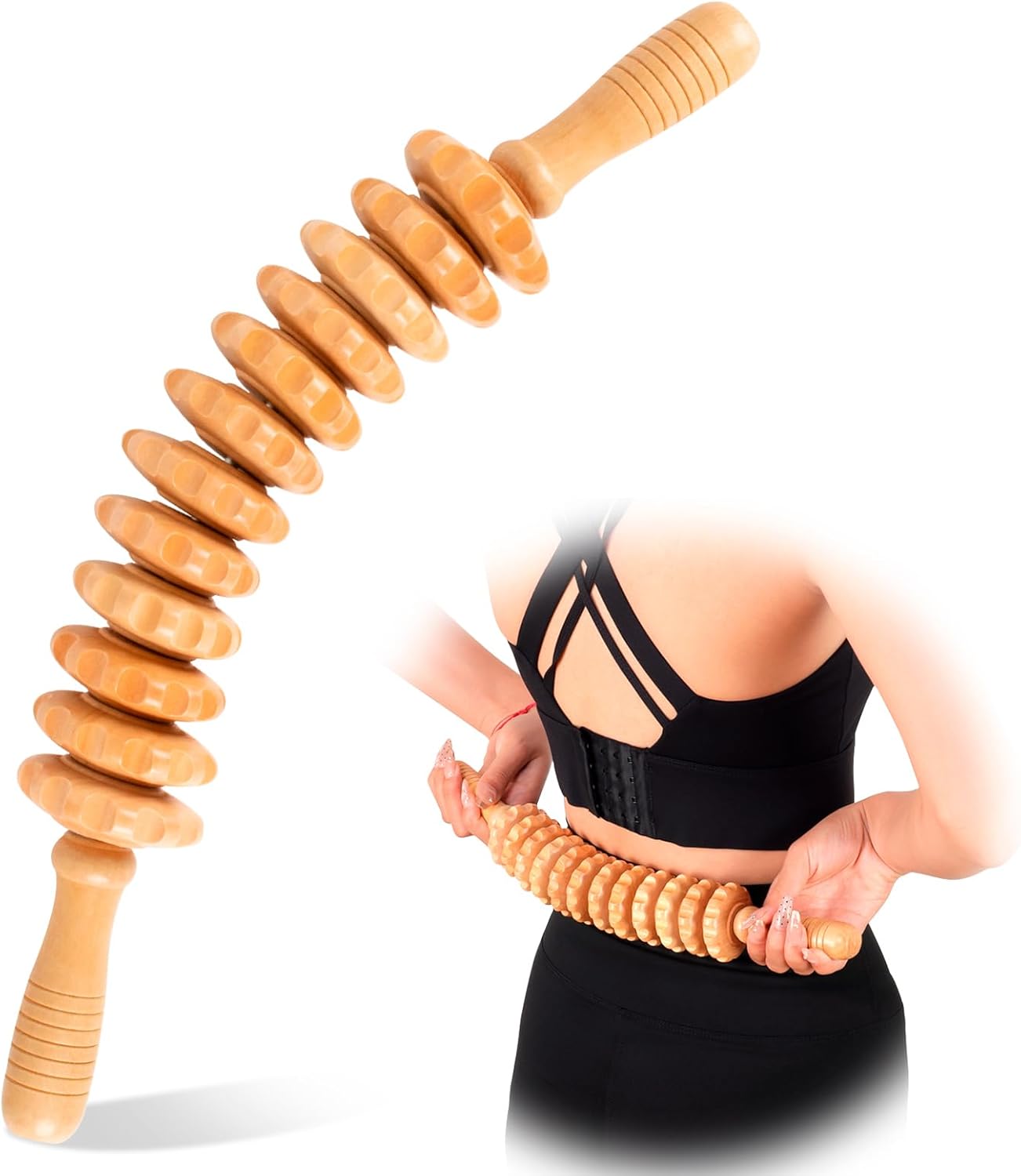 TaoTazon Wood Therapy Massage Tools 16.8 in, 12 Roller Wooden Massage Roller, Lymphatic Drainage Massager, Cellulite Massager Roller, Maderotherapy, Wood Rollers for Body Sculpting, Relax Muscles