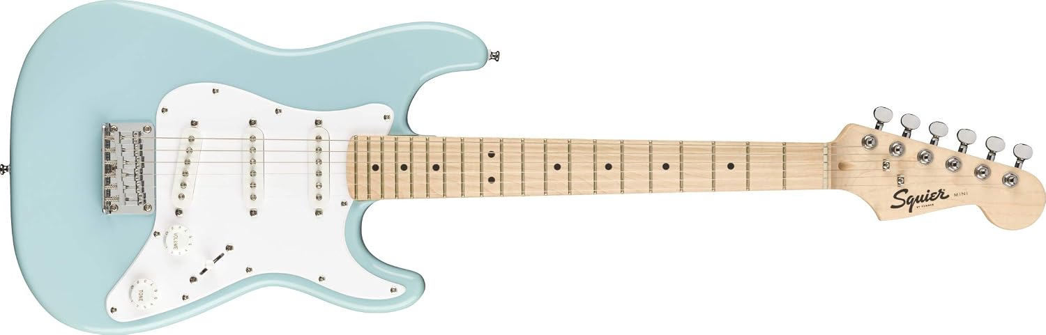 Squier by Fender Mini Strat Beginner Electric Guitar, Daphne Blue