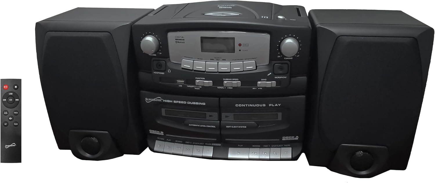Supersonic Black Edition Vintage Bluetooth Stereo System Home Music Audio System, CD/MP3 Player, AM/FM Radio, Dual Cassette Player/Rec USB inputs, Detachable Speakers, AC/DC