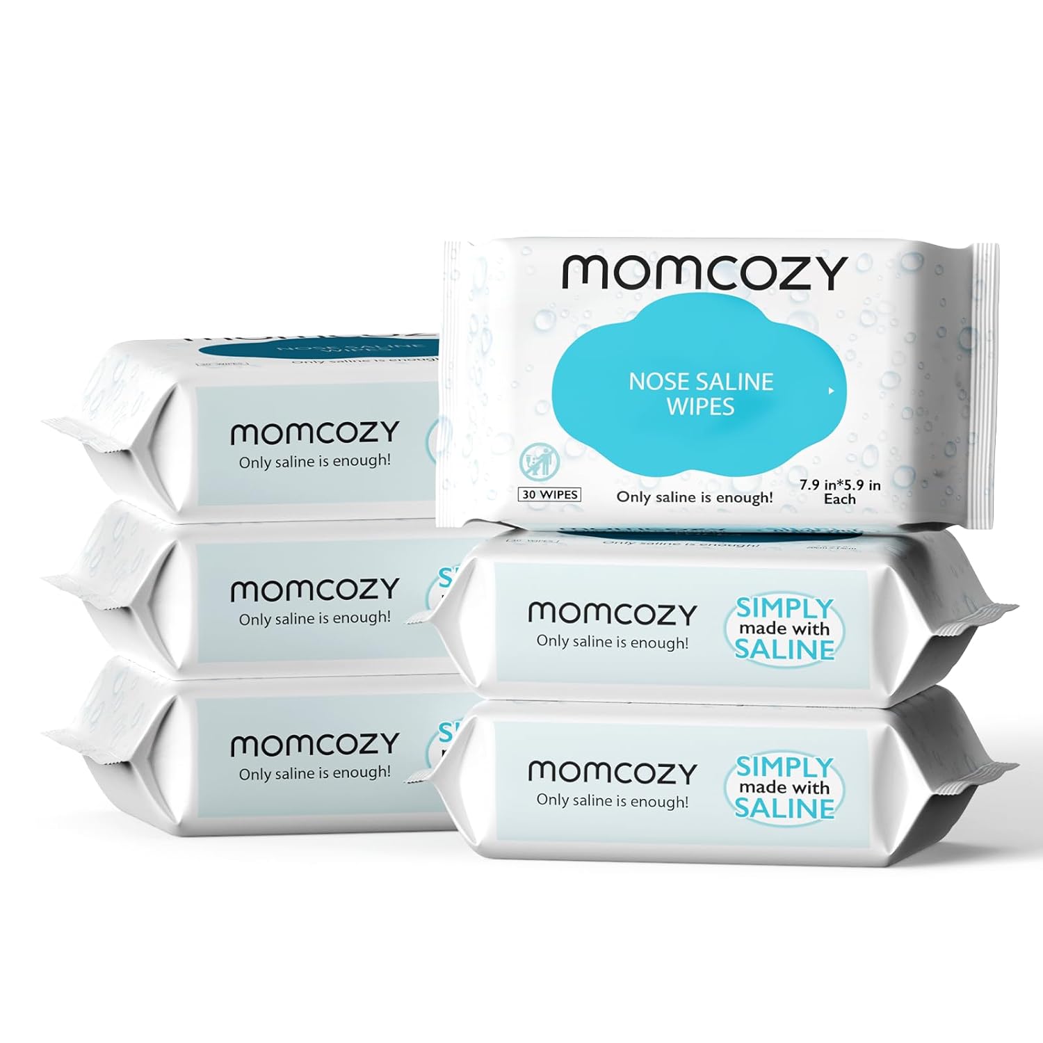 Baby Wipes, Momcozy Saline Nose and Face Baby Wipes, Made Only With Natural Saline, Mild and Non-irritating, 100% Biodegradable, Unscented & Hypoallergenic for Sensitive Skin, Portable, 180 Count (Packs of 6)