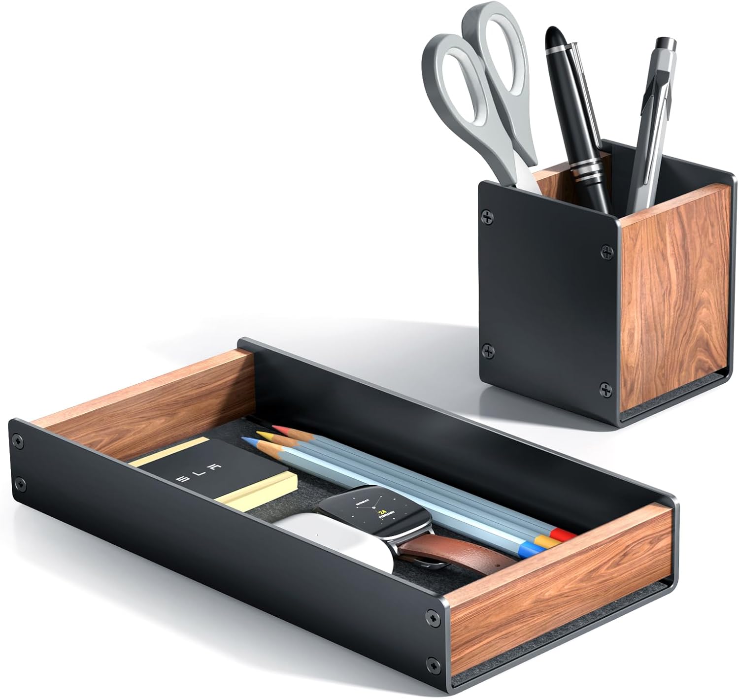 UPERGO Walnut Desk Tray with Pen Holder Set, Natural Wooden Desk Drawer Organizer Office, Organizer Tray for Keys, Pen, Watch