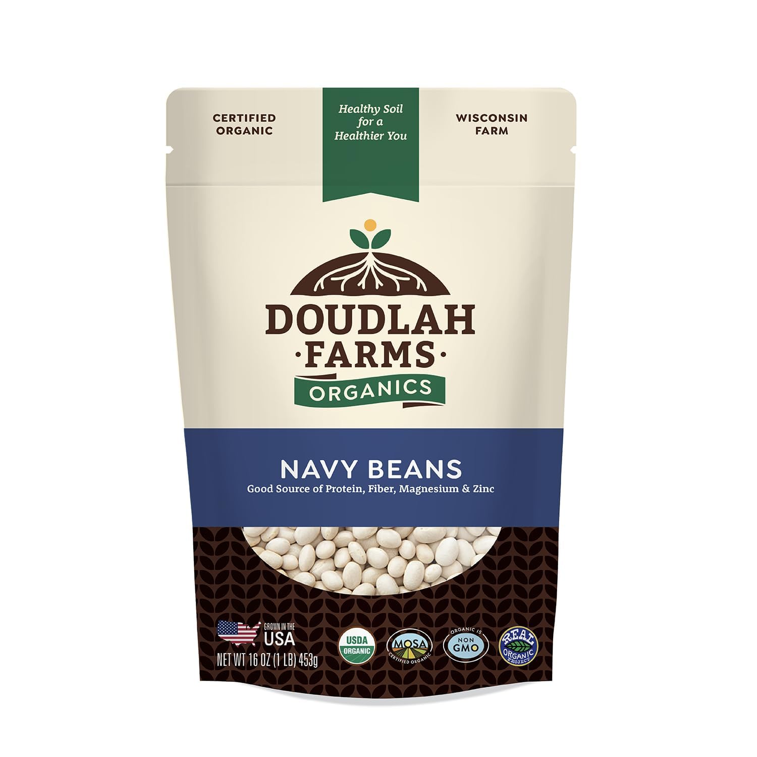 Organic Navy Beans 1 lb - Non-GMO, USDA Organic, Tested Clean Certified, Vegan - Rich in Fiber & Protein for Soups, Burritos, Salads & Chili - Grown In USA, Farmed From Regenerative Soil by a Wisconsin Family Farm