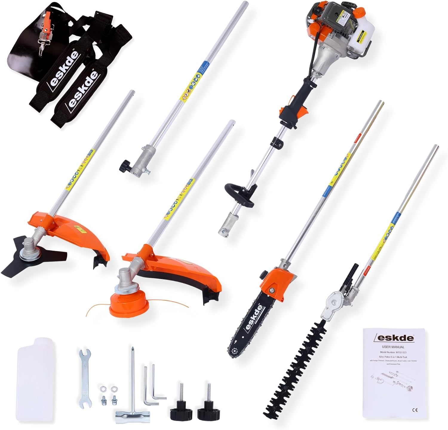 eSkde 5-In-1 Garden Multi Tool - Petrol Strimmer, Cutter, Trimmer | 52cc 2 Stroke Petrol Strimmer Pull Start, Brush Cutter, Hedge Trimmer, Chainsaw and Extension Pole with Harness and Tool Kit