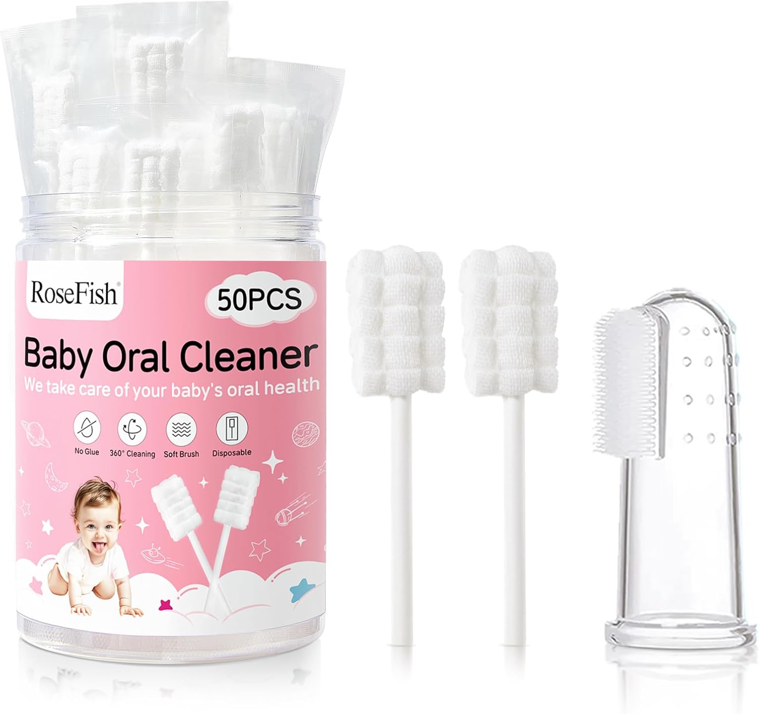 50Pcs Baby Tongue Cleaner for 0-36 Month No Glue Disposable Baby Mouth Oral Cleaner Infant Toothbrush Baby Gum Cleaner 3D Soft Infant Tongue Cleaner+1PCS Finger Toothbrush
