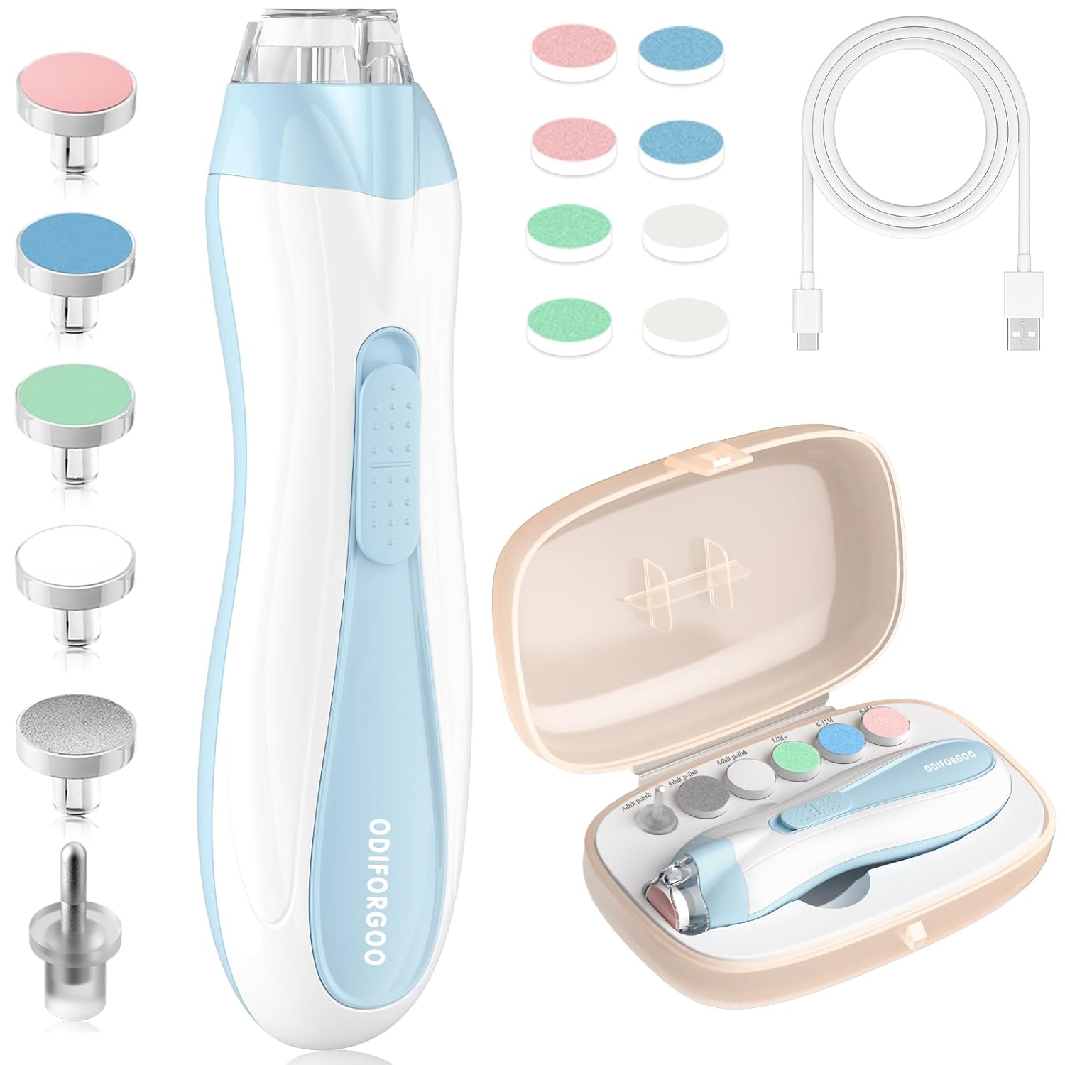 Baby Nail Trimmer Electric Baby Nail File,USB Charging 15 in 1 Nail Clippers kit with Dust Cover LED Light,Trim Buffer Kit for Newborn Infant Toddler or Adults Toes Fingernails Care（Blue）