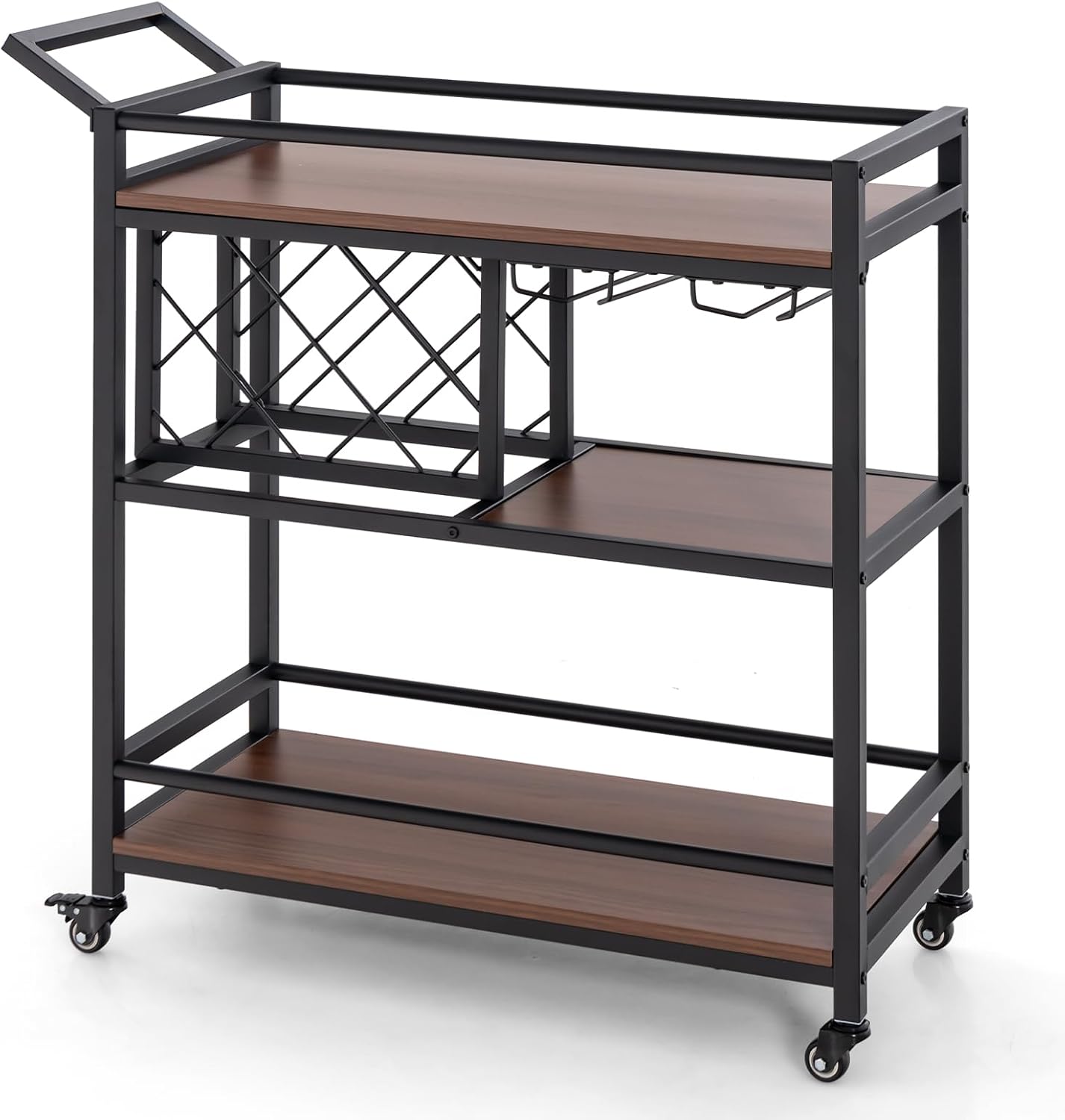 GiantexUK Rolling Serving Cart, 3-Tier Drinks Trolley with Lockable Wheels, Wine Rack, Glass Holder & Handle, Mobile Storage Organizer Unit for Kitchen Dining Living Room Coffee Shop (Brown)
