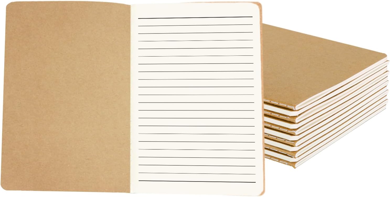 12 Pack Journal Notebook Kraft Brown Cover Lined Notebooks for Travelers, Students, Office - Memo Diary Subject Notebooks Planner - A5 Size, 8.26”x5.5”, 60 Lined Pages/30 Sheets