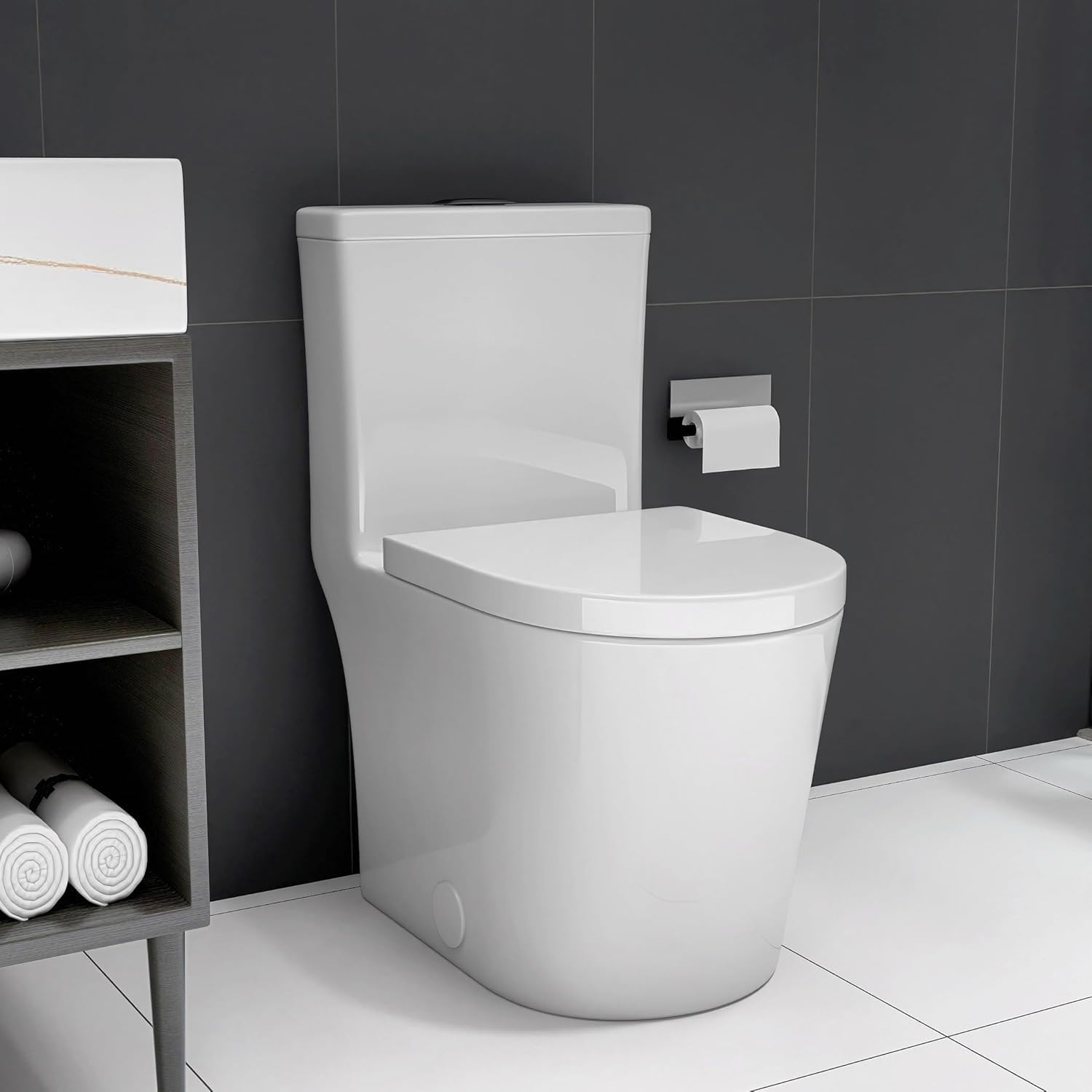 Compact One-Piece Toilet with Dual Flush, 23-Inch Short Depth Design for Small Bathrooms, White