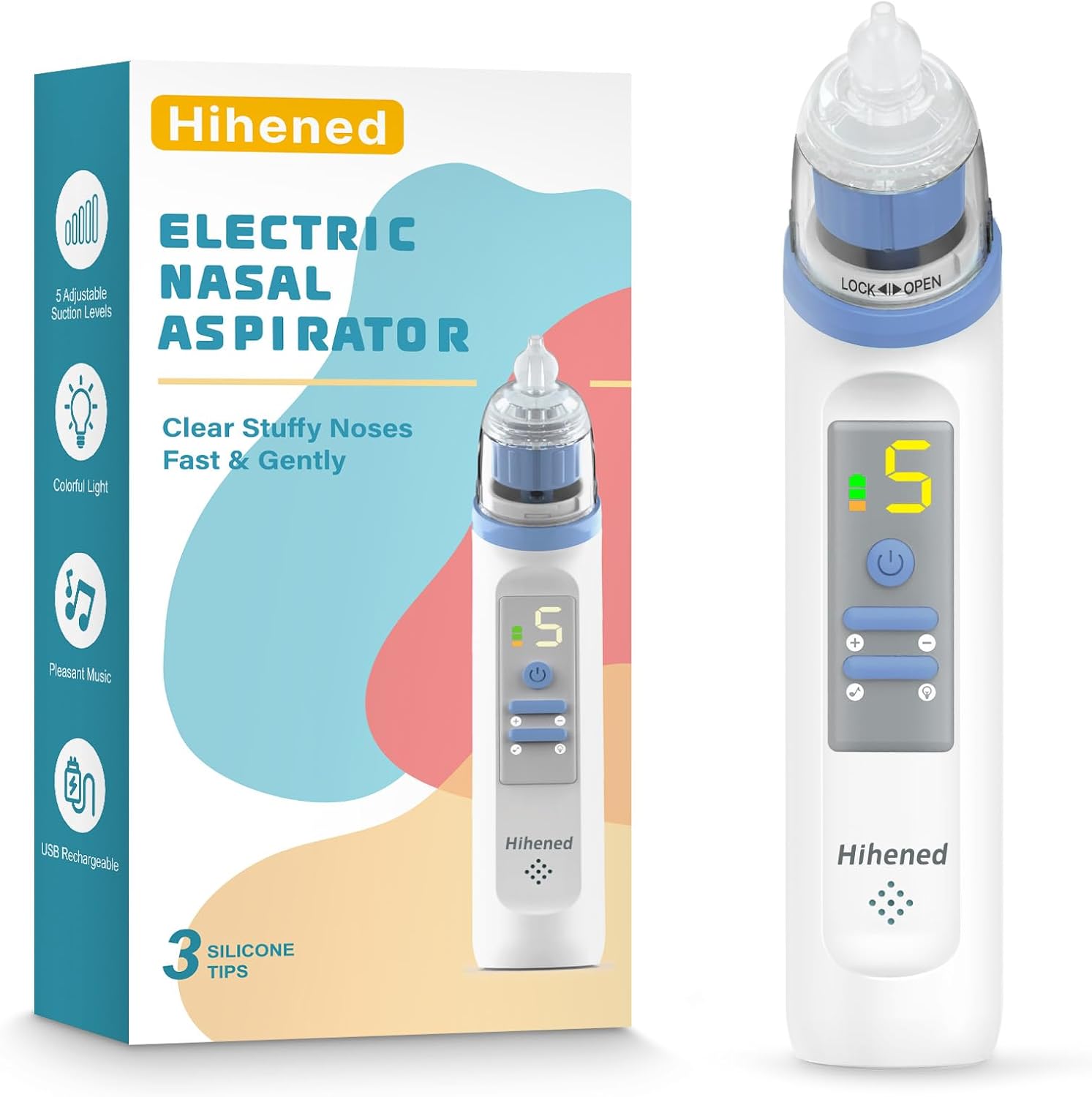 Electric Nasal Aspirator for Baby, Nose Aspirator for Toddlers, Rechargeable Baby Nose Sucker, Nose Cleaner with 3 Silicone Tips, 5 Suction Levels, Music and Light Soothing Function,Blue