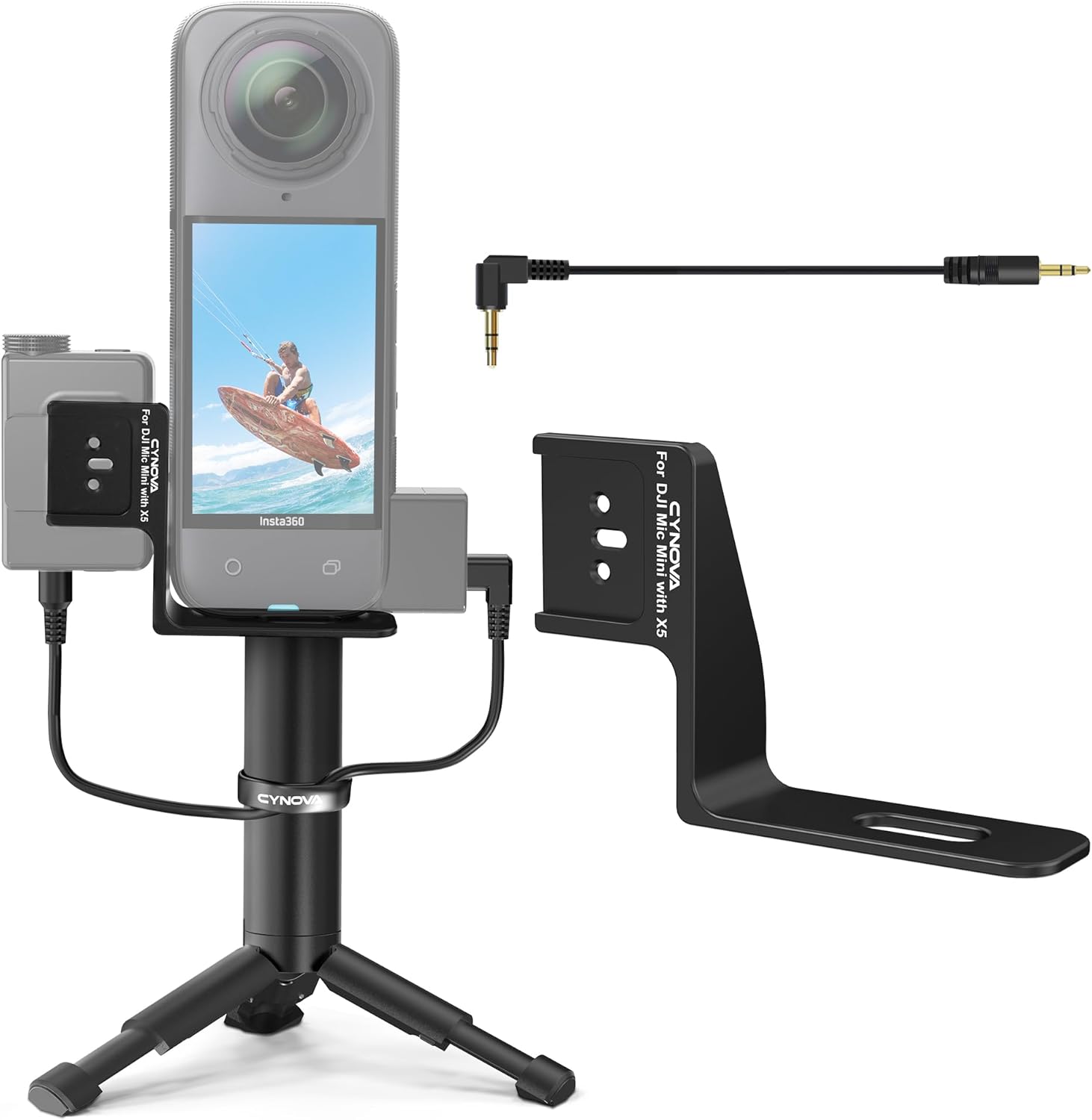 CYNOVA Mount for Insta360 X5 Accessories, Insta 360 X5 Cold Shoe Mount, Invisible Mic Bracket Designed Specifically for DJI Mic Mini（with 3.5mm Audio Cable and Fixed Velcro）