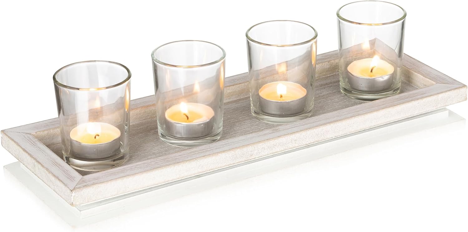 Hanobe Candle Holders Decorative Tray: Rectangle Wood Display Trays Rustic Candlestick Platter Farmhouse Table Centerpiece Plate Long Narrow for Kitchen Coffee Table Home Decor