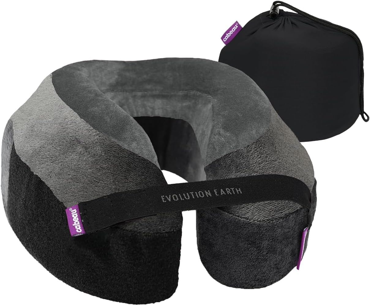 Cabeau Best Neck Pillow for Travel – Evolution Earth Deluxe – 360° Head, Neck and Chin Support for Sleeping – Sustainable Memory Foam - Removable, Washable Cover with Compact Carrying Case (Wind)