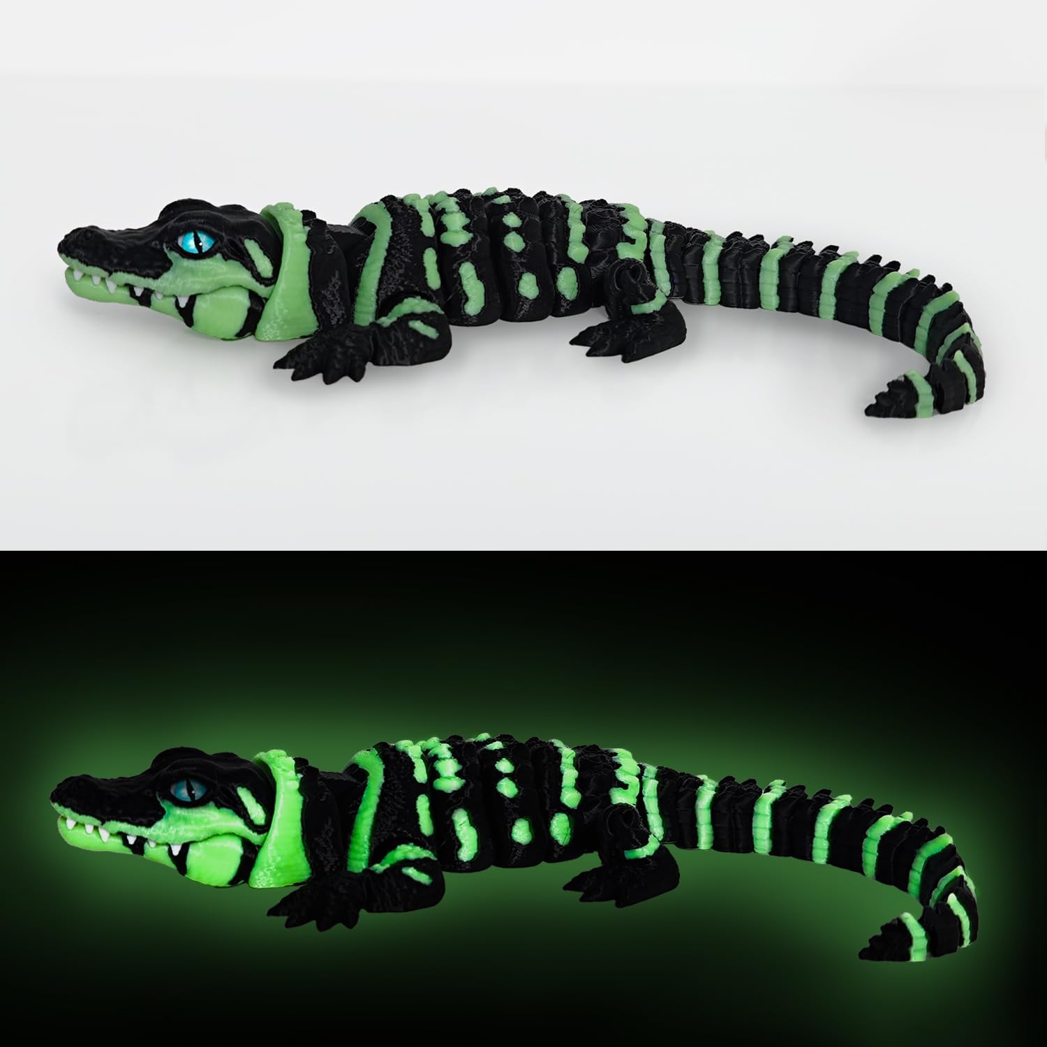 3D Printed Articulated Crocodile - Opening Mouth and Glass Eyes - Flexible Joint Animal Models - Surprise Gifts for Fidget Enthusiasts - Fluorescent Green