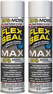 Flex Seal MAX, 17 oz, 2-Pack, White, Stop Leaks Instantly, Waterproof Rubber Spray On Sealant Coating, Perfect for Gutters, Wood, RV, Campers, Roof Repair, Skylights, Windows, and More