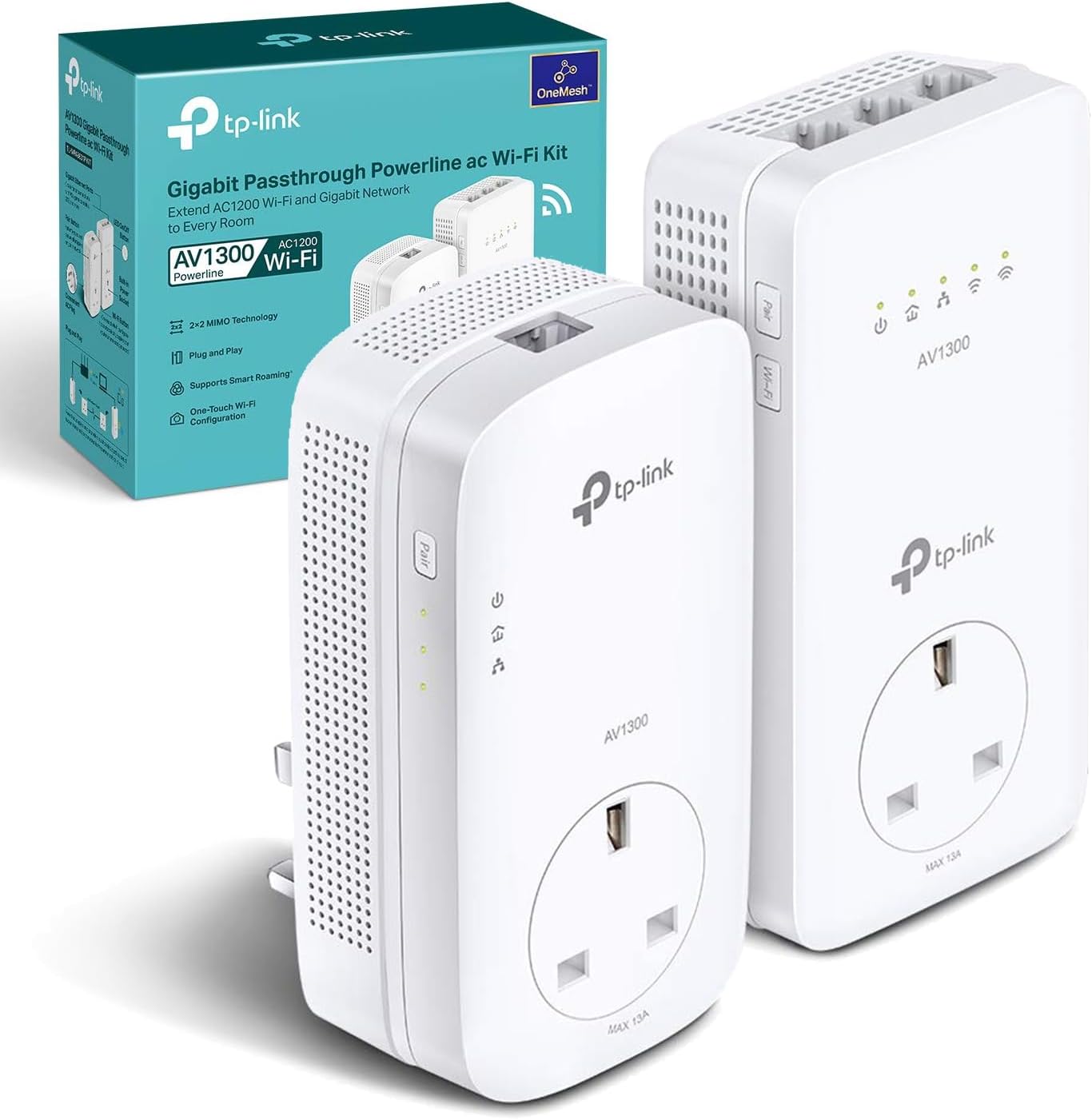 TP-Link AV1300 Gigabit Passthrough Powerline ac Wi-Fi Kit,up to 1200 Mbps WiFi speed,Wi-Fi Extender,Extra Power Socket,Works with OneMesh,No Configuration Required,UK Plug (TL-WPA8631P KIT),White