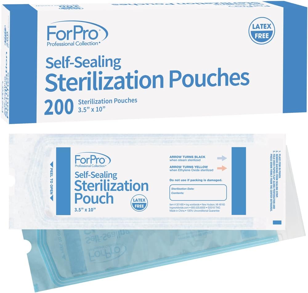 ForPro Professional Collection Self-Sealing Sterilization Pouches, Latex-Free, Color Changing Indicator, 3.5" W x 10" L, 200-Count