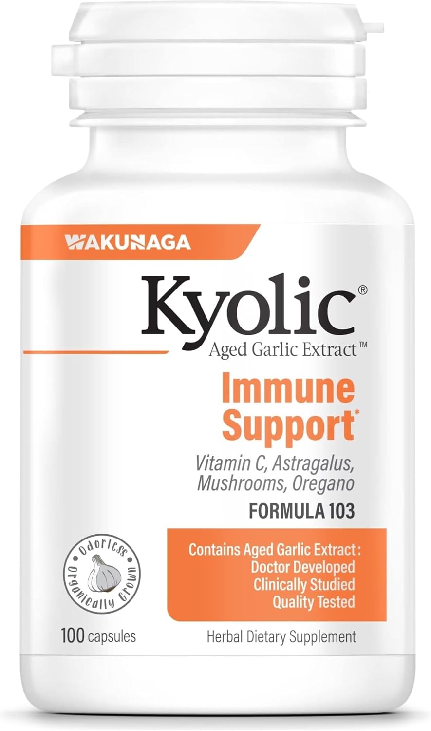 Kyolic Aged Garlic Extract Immune Support* Formula 103, 100 Capsules | Bioavailable Blend with Mushroom Complex, Astragalus, Olive Leaf, Oregano and Vitamin C for Healthy Immune Function, GMO-Free