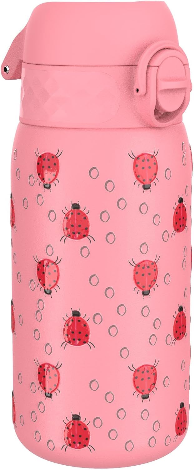 Ion8 Vacuum Insulated Steel Water Bottle, 320 ml/11 oz, Leak Proof, Easy to Open, Secure Lock, Dishwasher Safe, Carry Handle, Metal Water Bottle, ThermoShield Stainless Steel, Pink, Lady Bugs