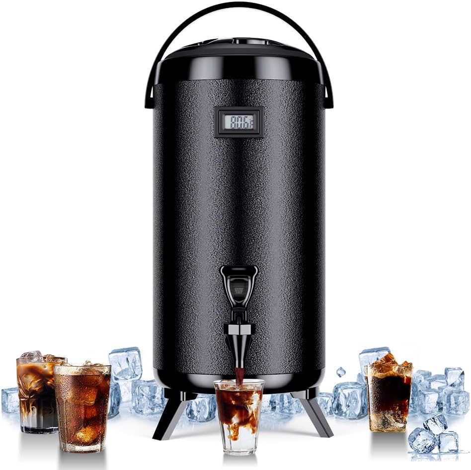 Insulated Beverage Dispenser.Stainless steel,12L/3.2Gal.For hot and cold drinks.Spigot included.Ideal for tea, coffee, milk, water, juice.Keeps beverages at right temp,durable(BLACK)