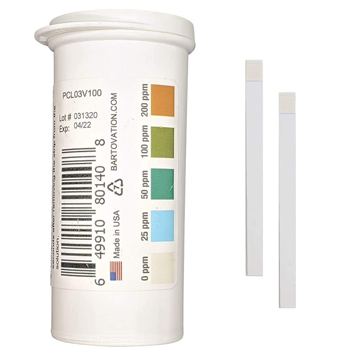 Bartovation Restaurant Chlorine Sanitizer Plastic Test Strips, 0-200 ppm [Moisture Wicking Vial of 100 Strips]