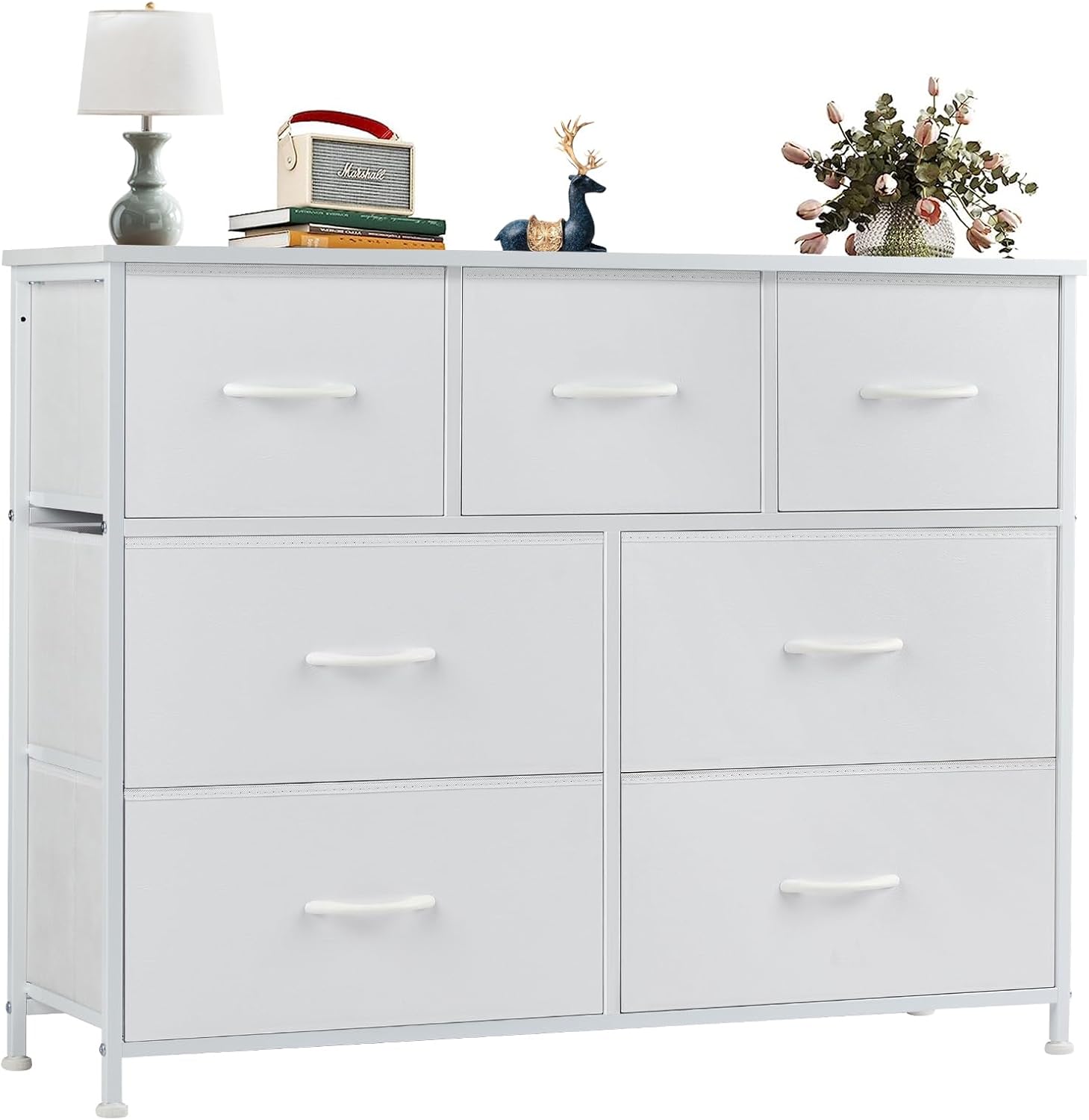 OLIXIS Dresser for Bedroom, 7 Storage Drawers, Wide Fabric Closet Chests Organizer Tower Furniture, TV Stand with Wooden Top Metal Frame for Clothes, Living Room, Hallway, Entryway, Classic White