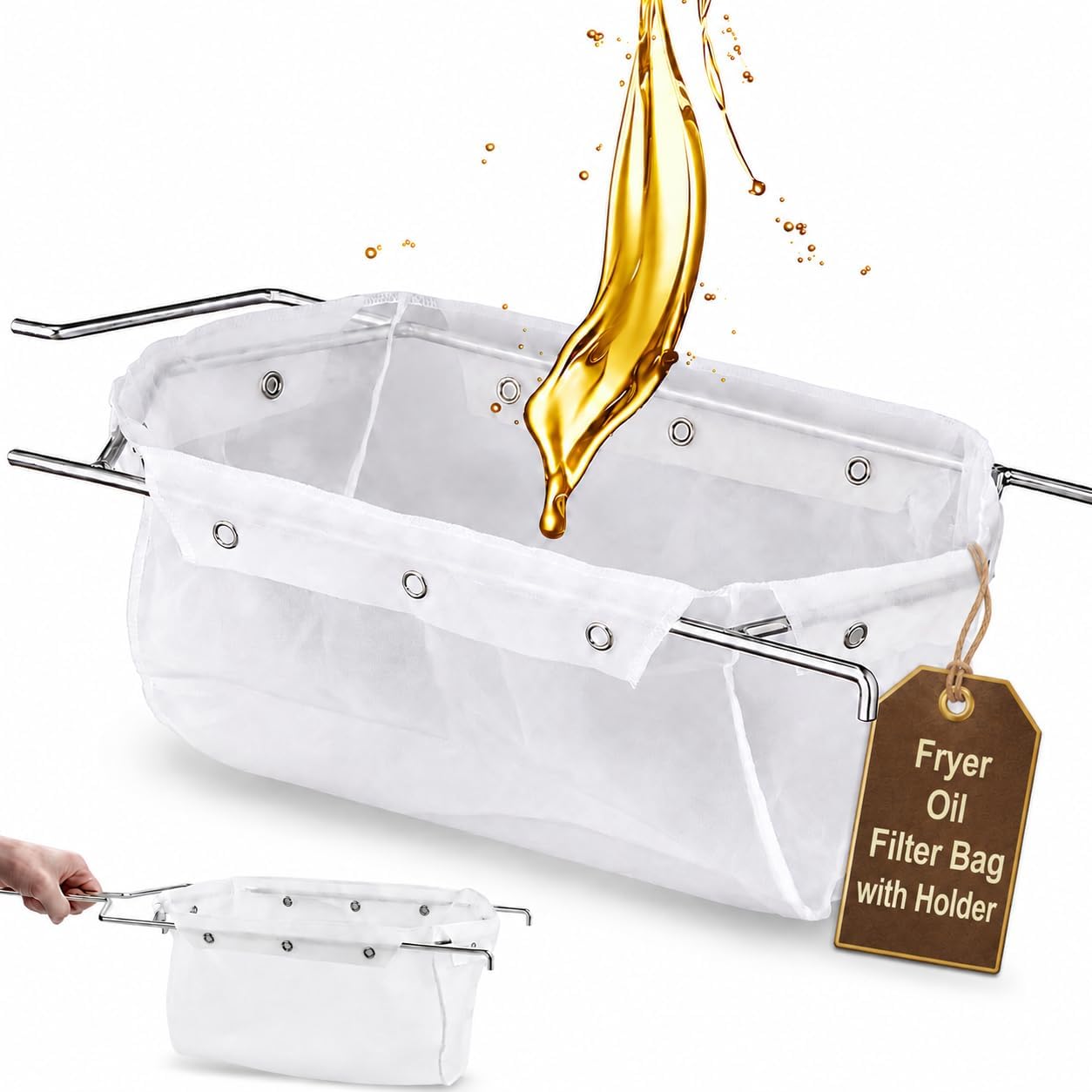 Commercial Deep Fryer Oil Filter Bag and Oil Filter Bag Holder Frame, 6" Deep Cooking Oil filter, Durable 1000+ Times frying oil filter, Easy to Clean with Hot Water (Filter Bag and Frame)