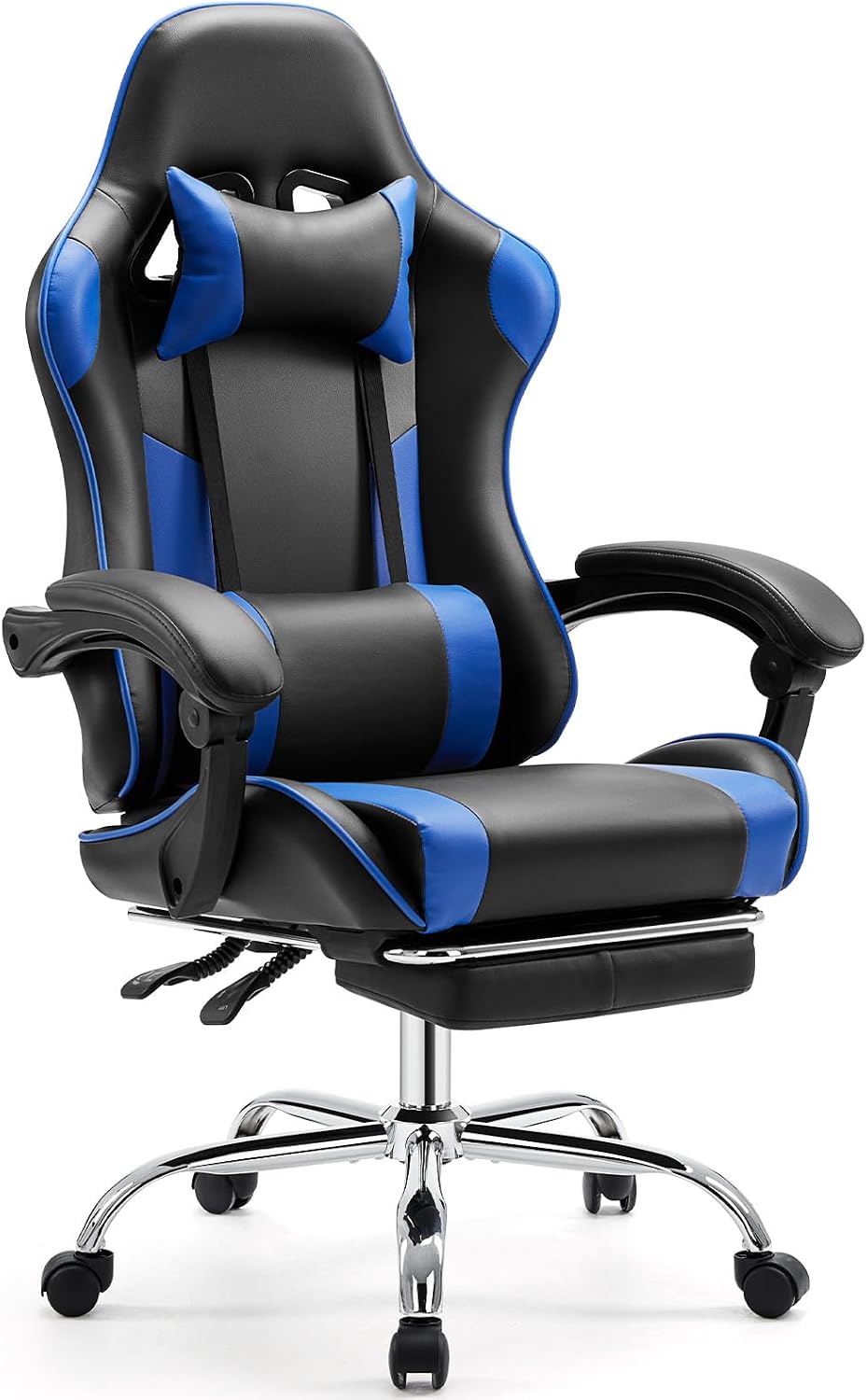 Sweetcrispy Video Game Desk Chair - Ergonomic Computer with Footrest and Comfy Lumbar Support, PU Leather Recliner with Headrest, Fixed Up Armrest, Height Adjustable with 360° Swivel, for Adults, Blue