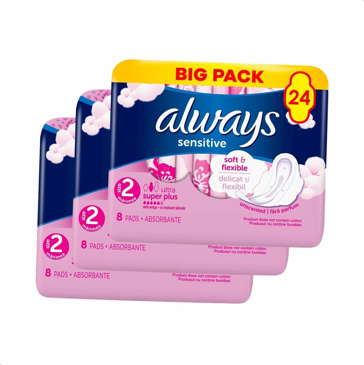 Always Sensitive Super Size 2 Wings Sanitary Pads - 24 Count (Pack of 3X 8 Pads), Fragrance‑Free, Soft and Flexible, Dermatologist‑Approved Comfort for Sensitive Skin