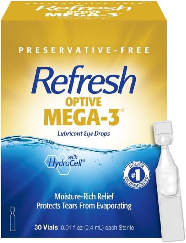 Refresh Optive Mega-3 Lubricant Eye Drops For Dry Eyes, Preservative-Free, 0.01 Fl Oz Single-Use Containers, 30 Count