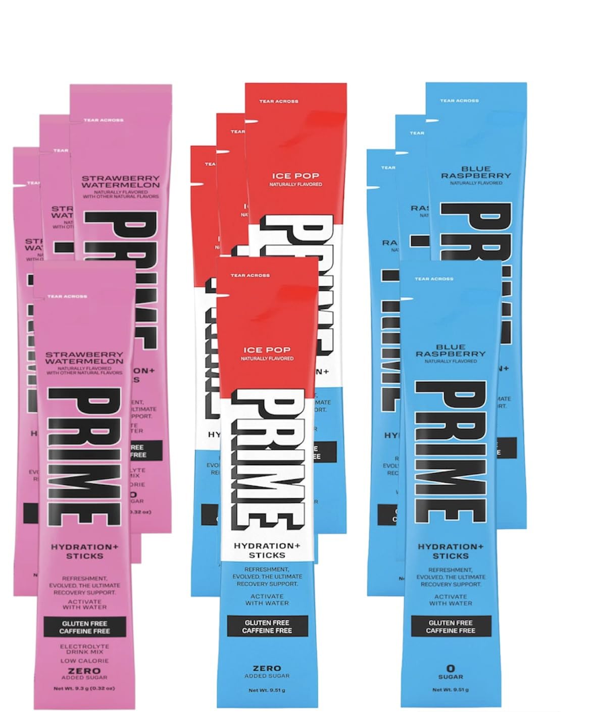 Prime Hydration+ Drink Sticks Variety Pack - ICE POP, BLUE RASPBERRY, STRAWBERRY WATERMELON | Electrolyte Drink Mix | Easy Open Single-Serving Sticks | Caffeine Free, Gluten Free (9 Count Assortment)