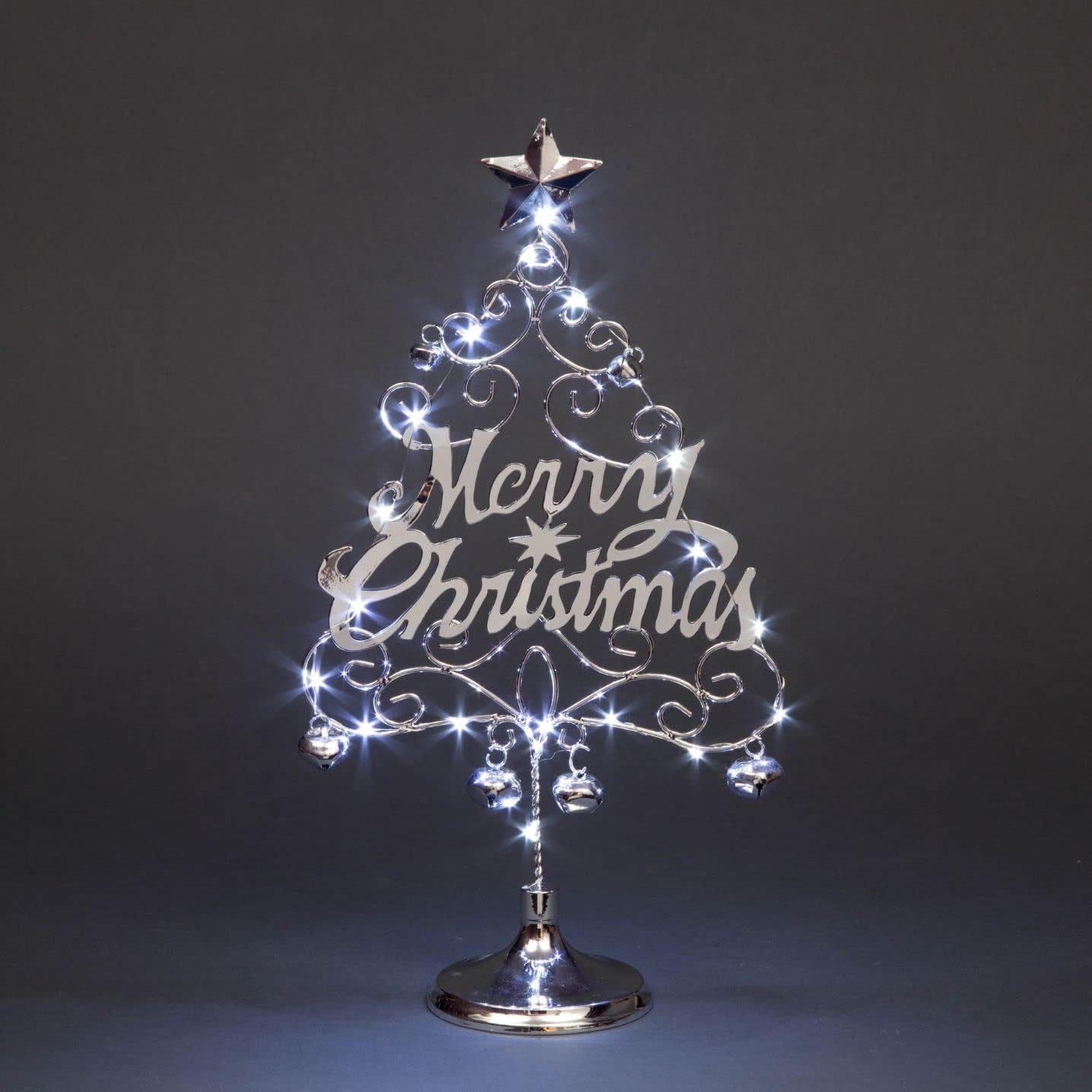 SHATCHI 45cm Pre-Lit Table Top Silver Merry Christmas Tree With Cool White LEDs Bells Star Festive Xmas Holiday Home Office Novelty Decorations