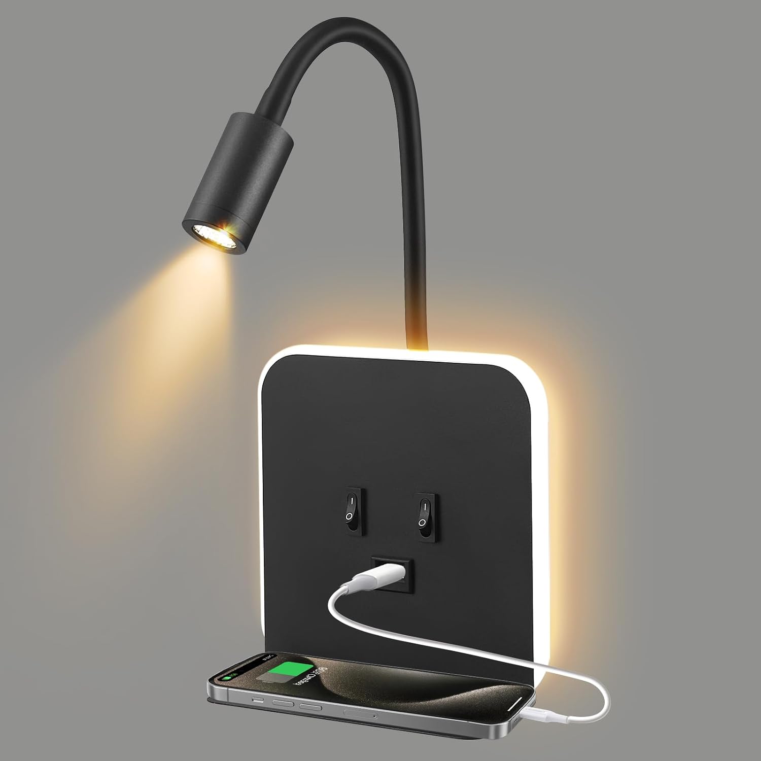 QCXWCJWD LED Wall Lights with USB Charging Port, Bedside Reading Light with Switch, 12W Indoor Black Wall Lamp with Phone Tray, Adjustable Gooseneck Lamp Spot Light for Living Room Hotel Room