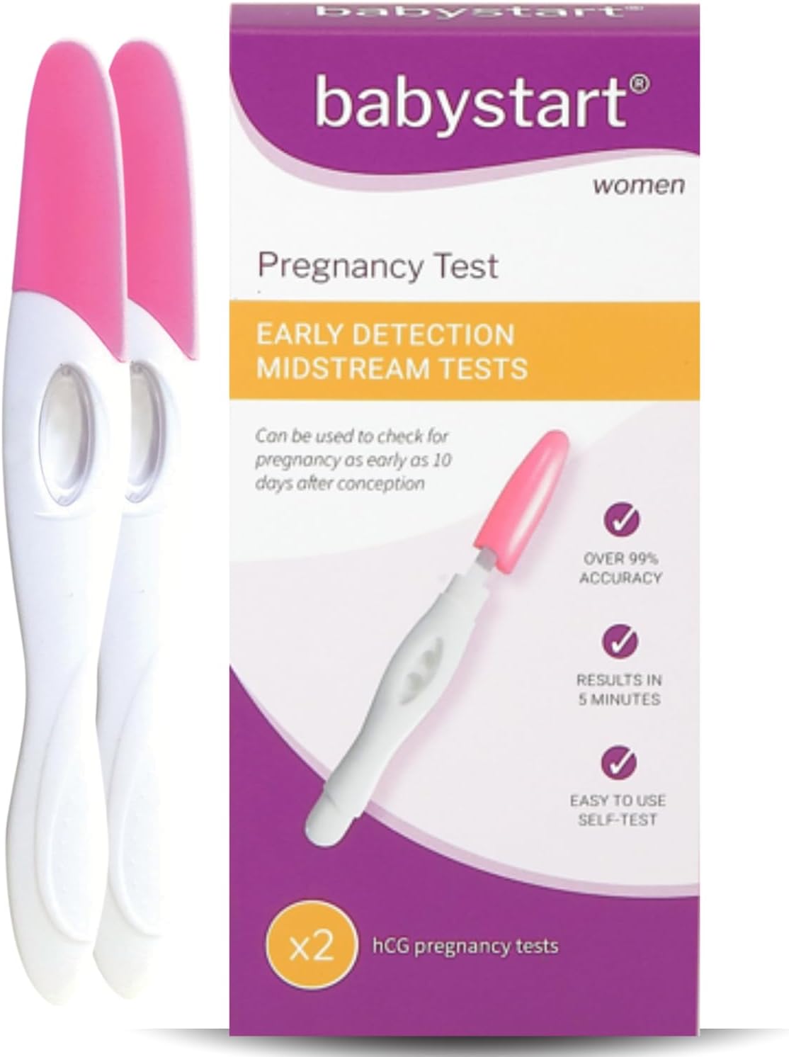 Early Detection Pregnancy Test Kit by Babystart for Easy at Home Accurate Pregnant Test Results in 1 Minute - Simple to Use Self Testing for Women, 2 Pack