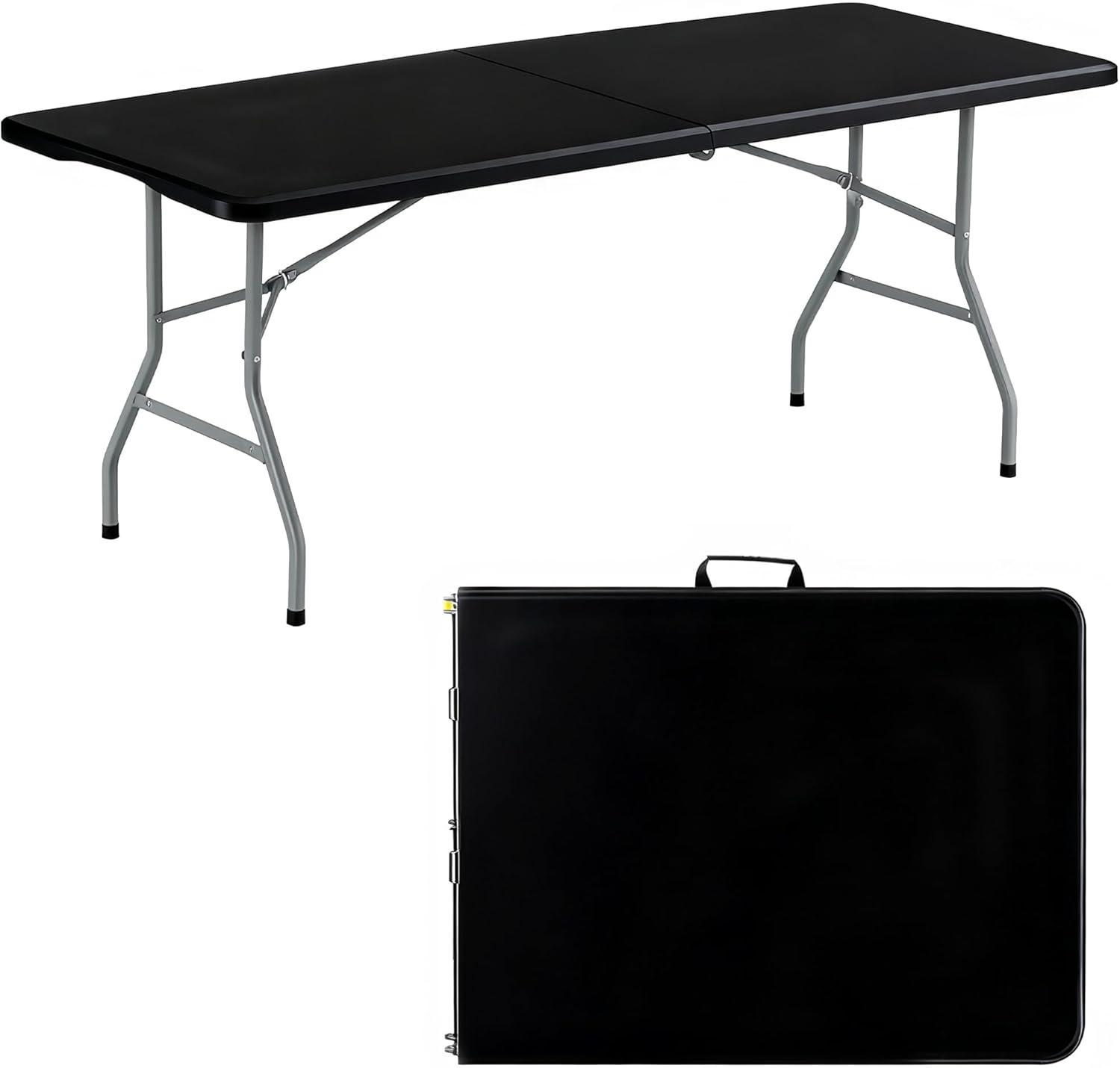 Folding Table 6FT Portable Heavy Duty Plastic Table with Carrying Handle Fold-in-Half Utility Foldable Tables for Parties Wedding Events Dining Indoor Outdoor Picnic (Black)