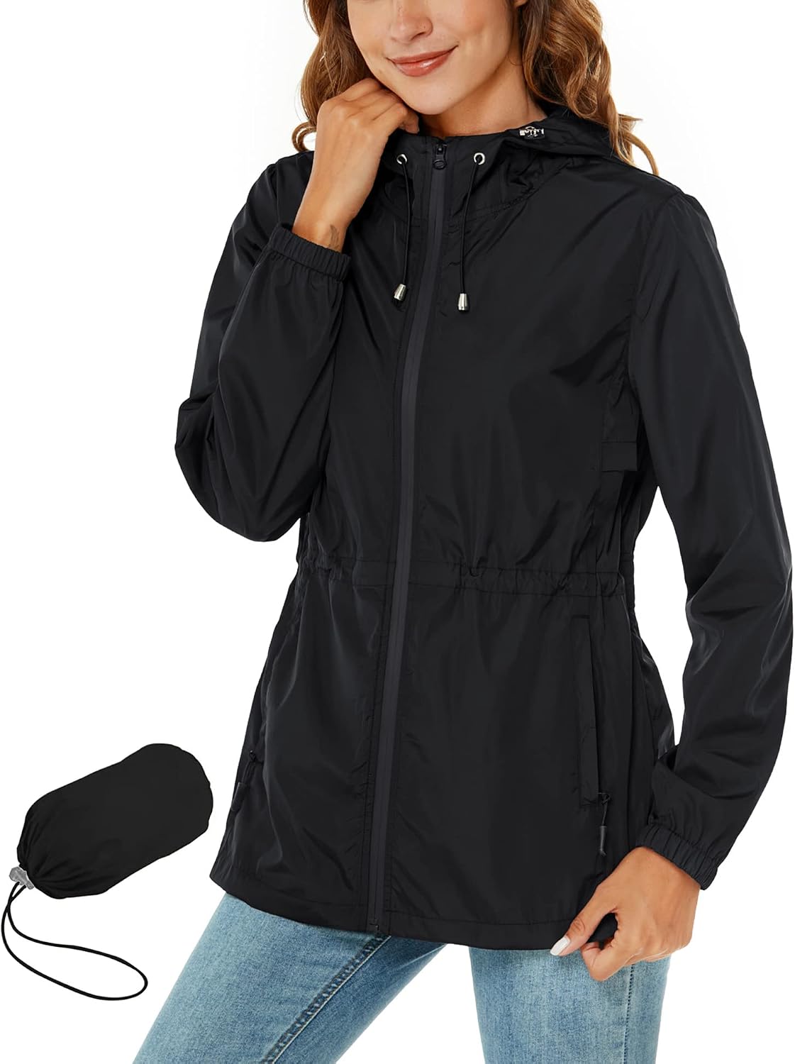 Rapbin Raincoat Women Waterproof Jacket Lightweight Rain Coats Outdoor Rain Trench Coat Packable Hooded Raincoats with Pocket