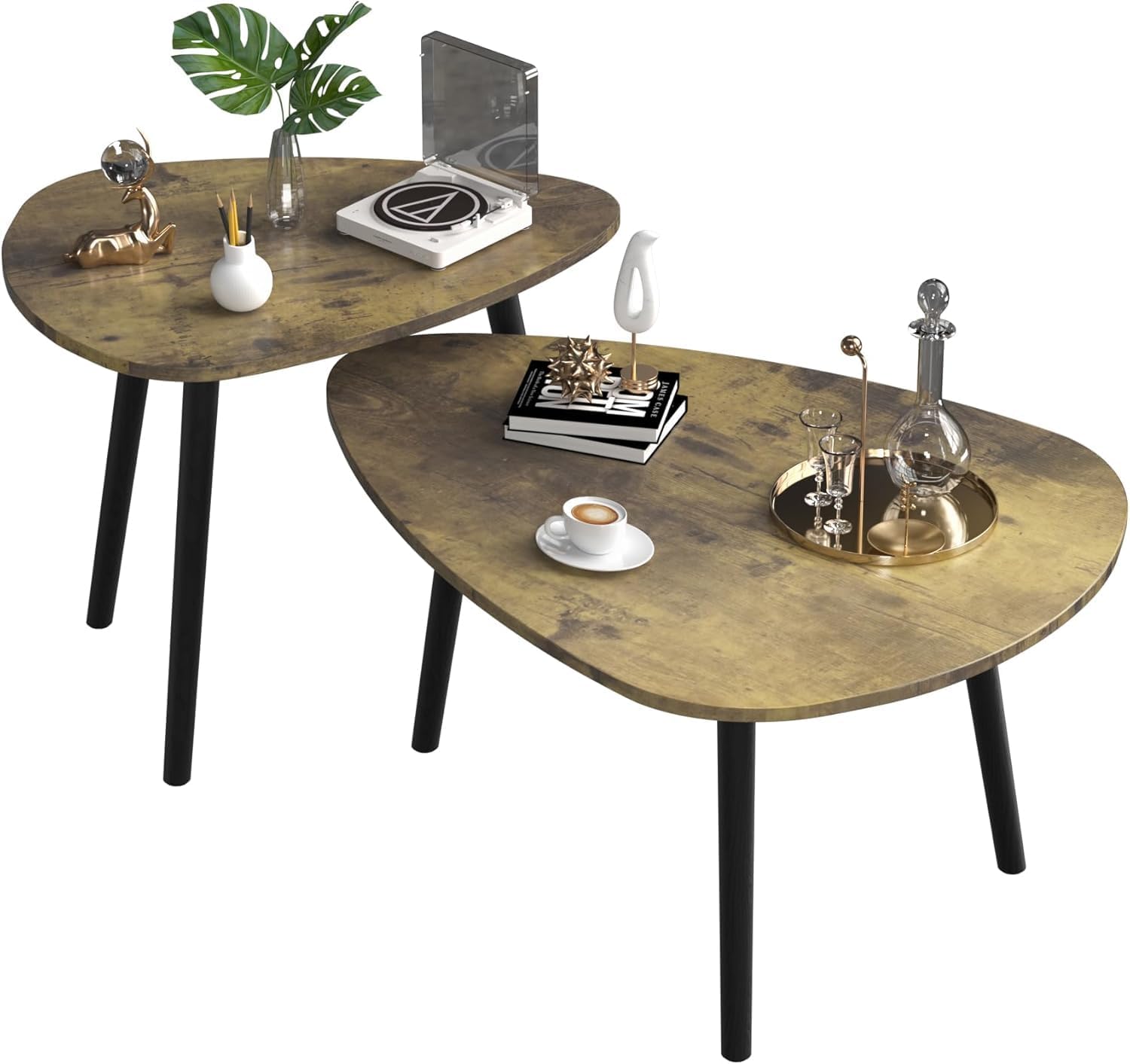 Huhote Triangle Nesting Tables, Set of 2 End Table, Coffee Tables Set of 2, Wooden Sofa Side Table for Small Space/Living Room/Bedroom/Balcony/Office/Apartment, Diameter 80/60 cm (Brown)