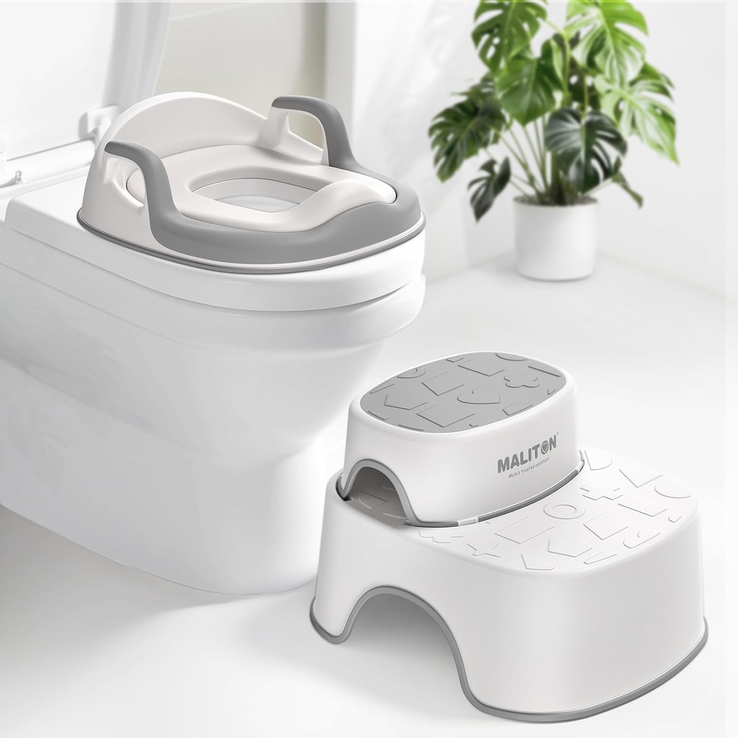 Maliton Potty Training Toilet Seat & Step Stool, 2-in-1 Anti-Slip Grey | Potty Seat + Separate Step Stool, Adjustable Fits More Toilets, Anti-Slip, Sturdy, Splash Guard, Easy clean，Boys & Girls.