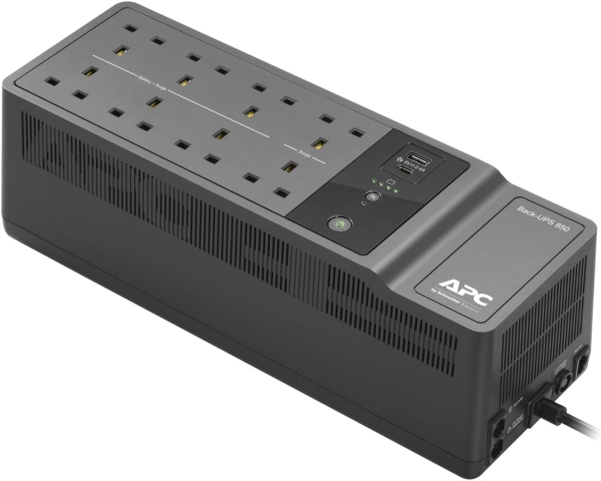 APC by Schneider Electric BACK-UPS ES - BE850G2-UK - Uninterruptible Power Supply 850VA (8 Outlets, Surge Protected, 2 USB Charging Ports), Black, Pack of 1