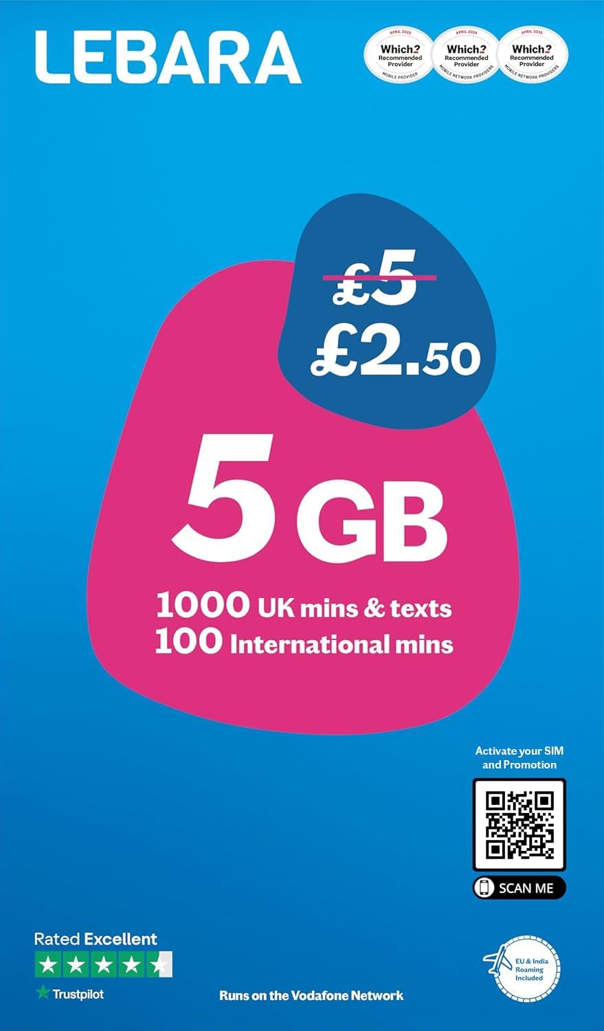 Lebara Mobile SIM Card: 5GB Data SIM Only Plan for £2.50, Half Price for First 3 Months, No Contract, UK Calls, Texts, International Minutes, EU and India Roaming Included, Fits All Devices