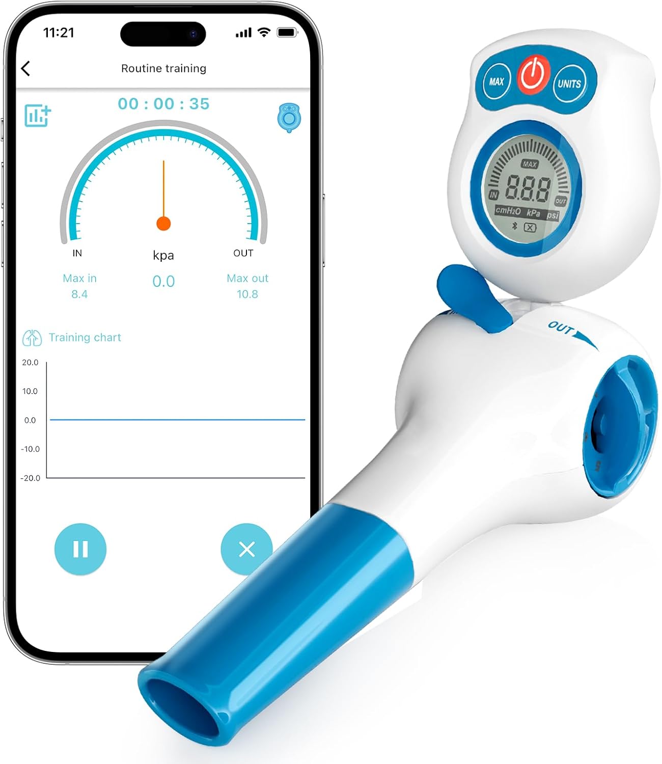 Breathing Exercise Device for Lungs with Electric Manometer & Test Mouthpiece & Travel Case | Lung Exerciser Device for Better Lungs| 6 Resistance Levels | Guided Mobile Training App Included