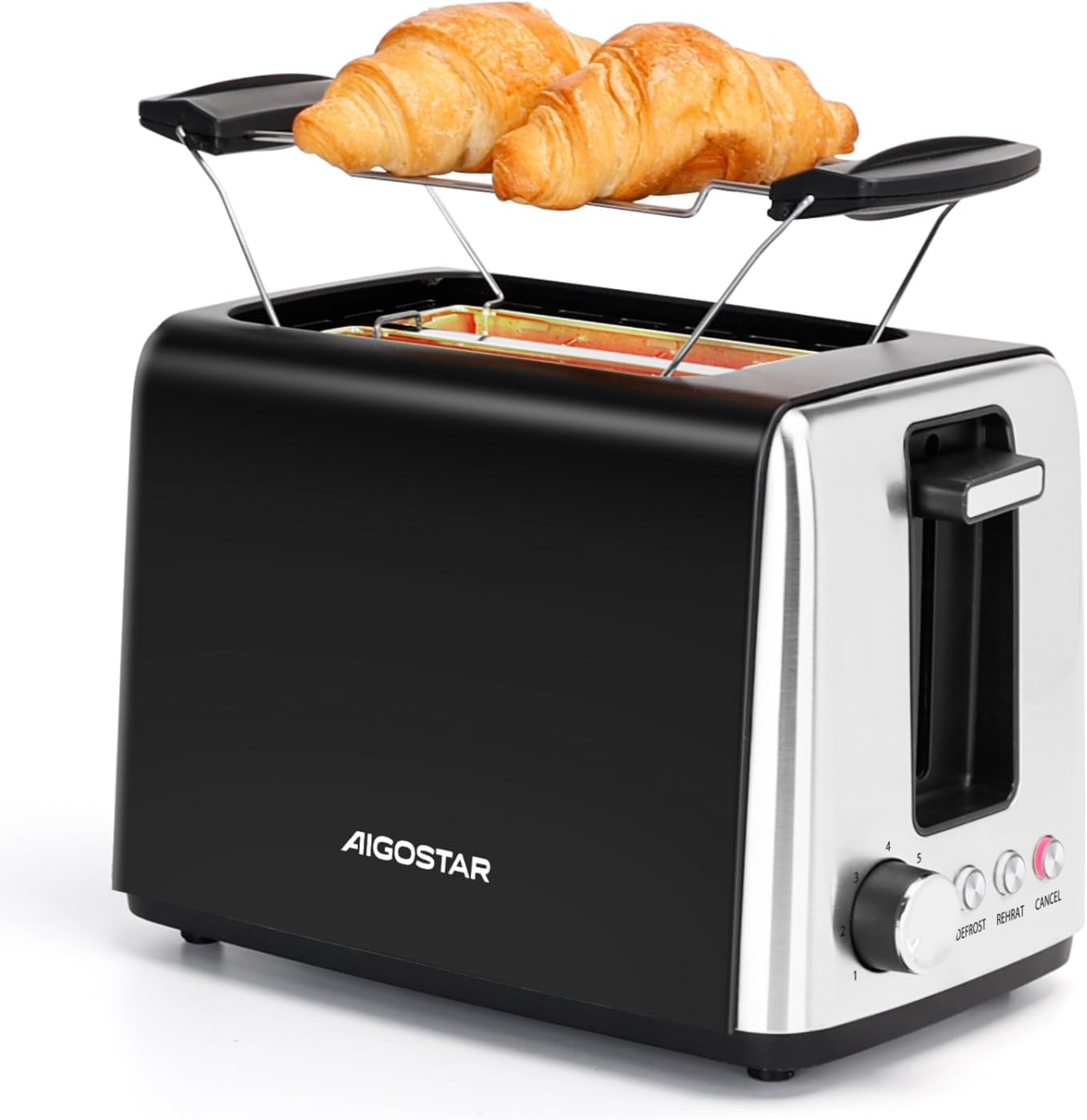 Aigostar 2 Slice Toaster with Warming Rack, 750W Low Wattage Black Toaster, 7 Variable Browning Settings, Defrost Reheat Cancel Functions, Auto Shut-Off, BPA Free - Delish 30A3Y