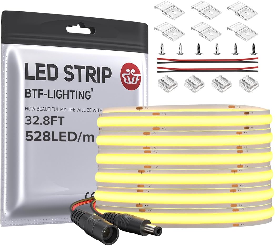 BTF-LIGHTING FCOB COB LED Strip 528LED/m Flexible High Density Uniform Light 14W/m 32.8FT DC24V Warm White 3000K CRI 90+ 10mm Width for Home Indoor Decor(No Adapter or Controller)