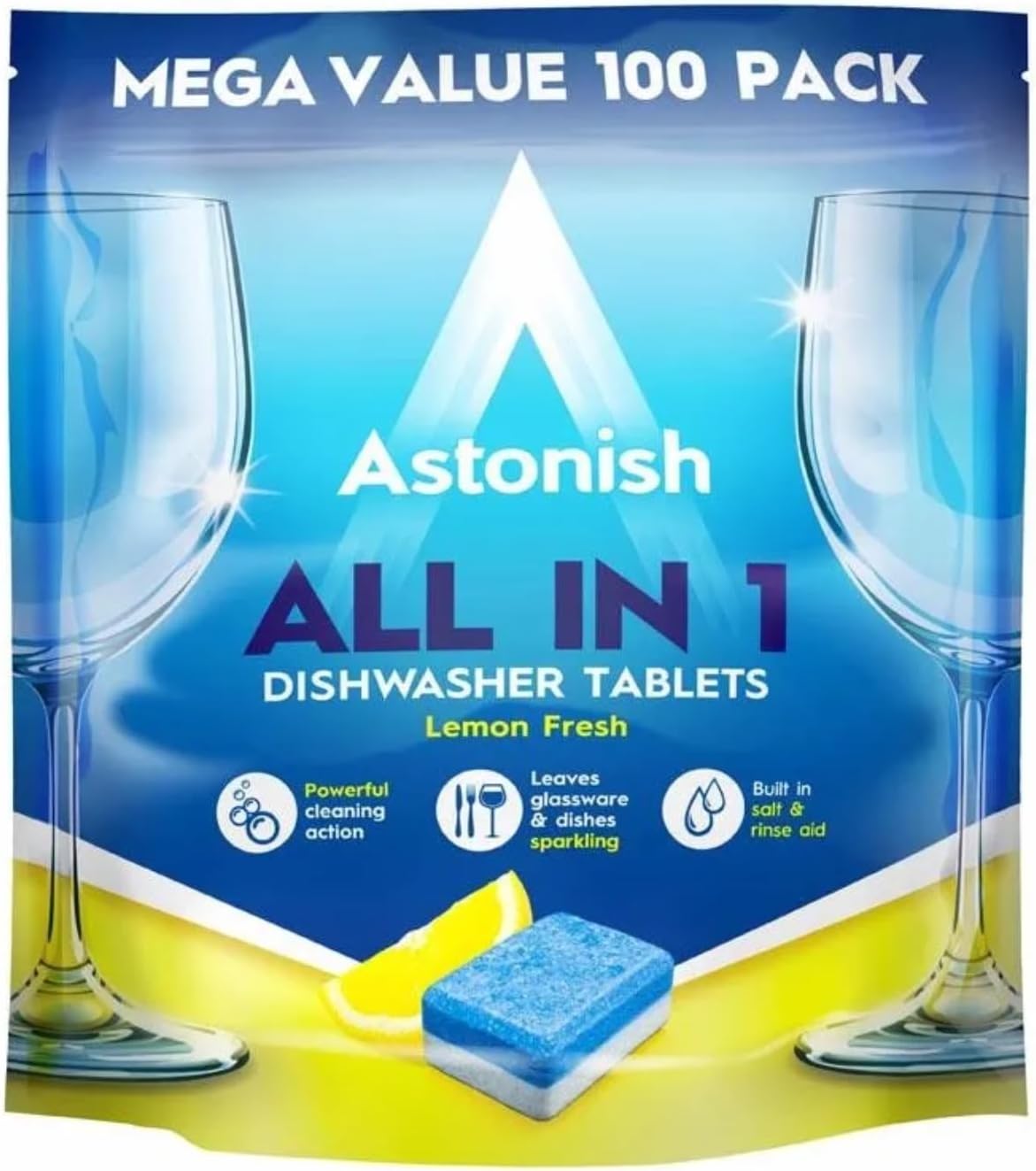 Astonish All In 1 Powerful Cleaning Dishwasher Tablets with Salt and Rinse Aid, Mega Pack of 100 Tablets, Lemon Fresh